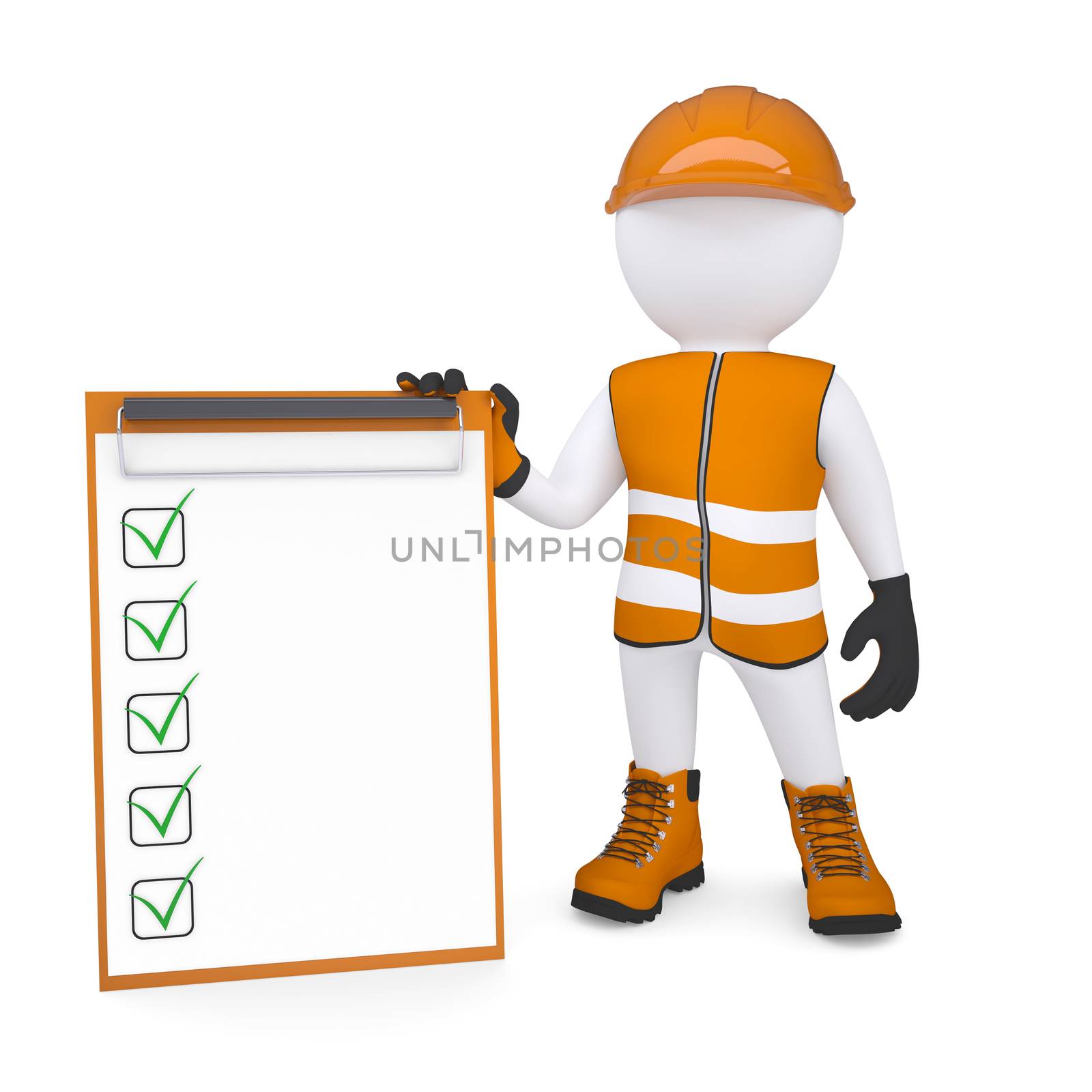 3d white man in overalls holding a checklist by cherezoff