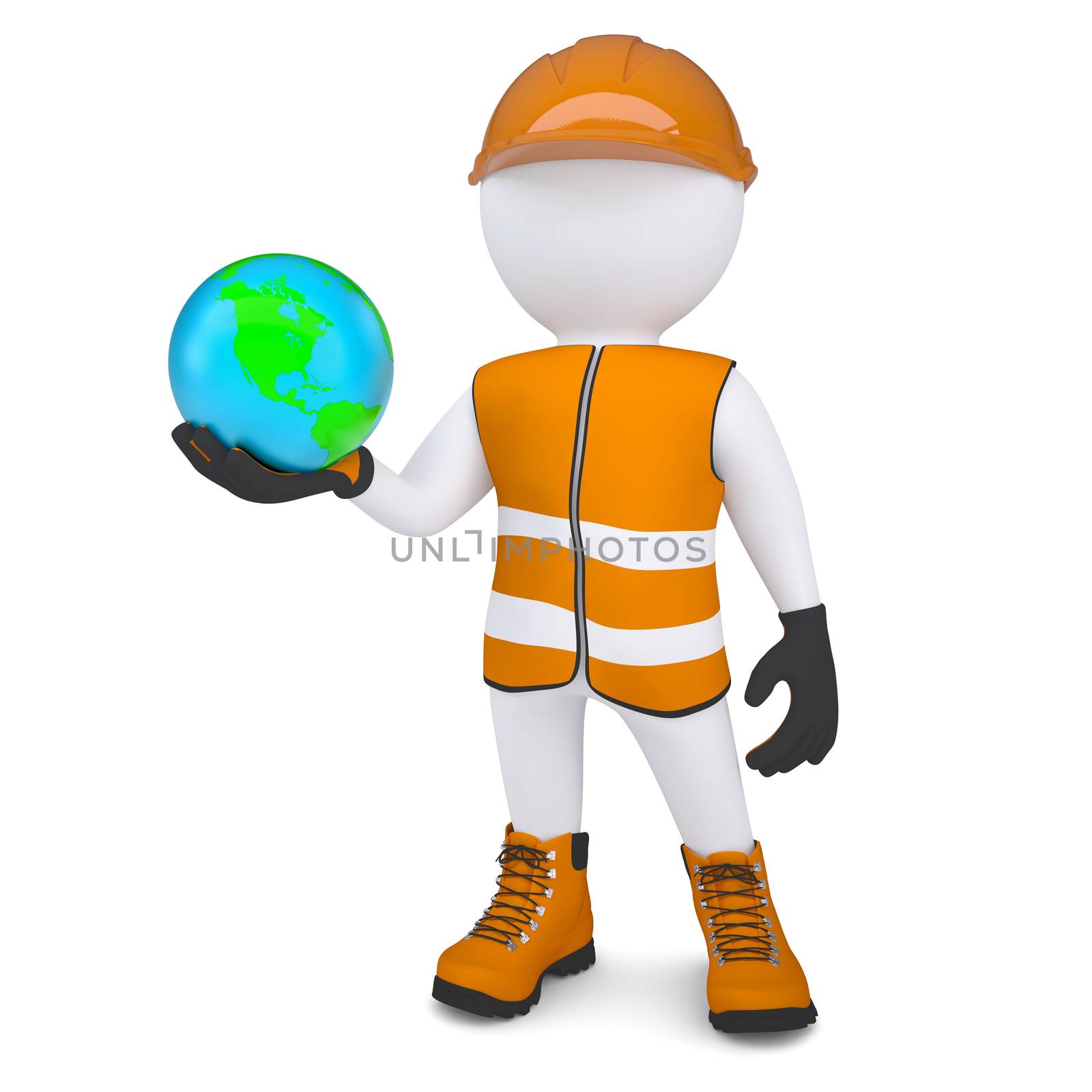 3d white man in overalls holding the Earth. Isolated render on a white background