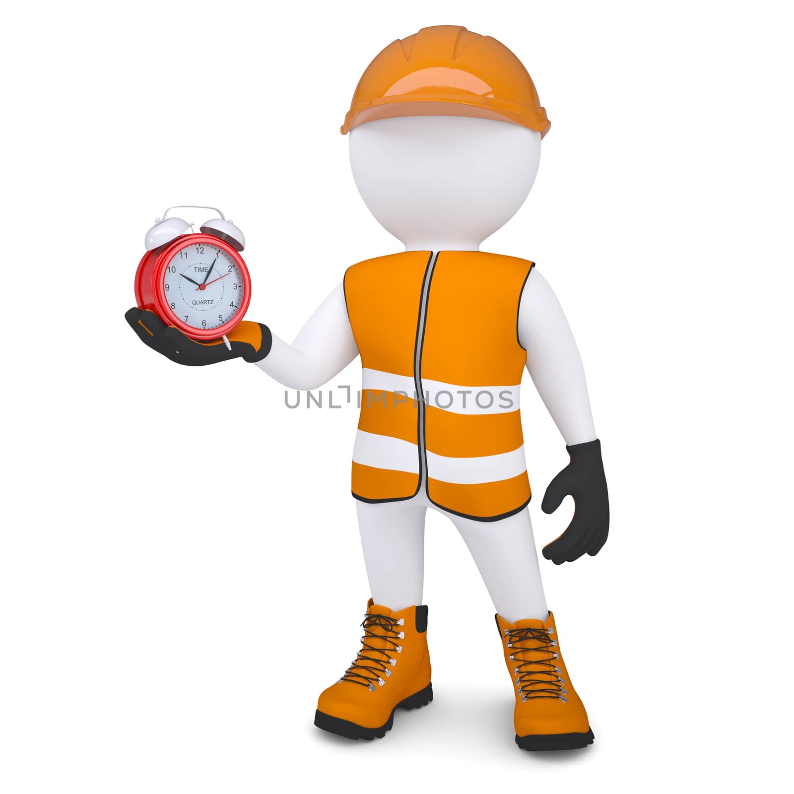 3d white man in overalls holding a alarm clock. Isolated render on a white background
