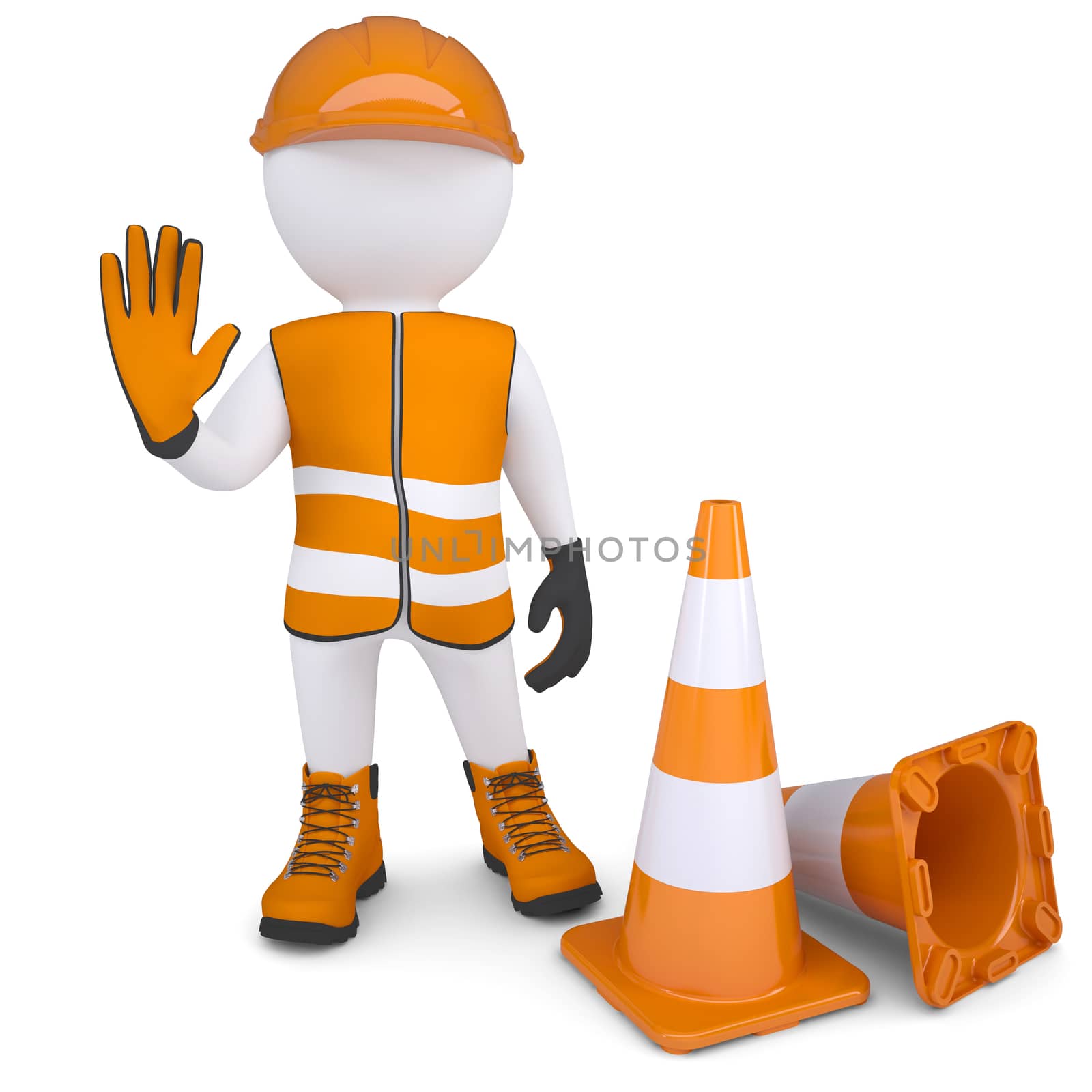 3d man in overalls indicates that is impossible further. Isolated render on a white background