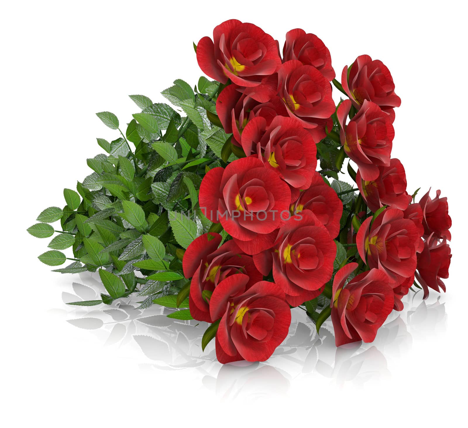 Group of red roses. Isolated render on a white background