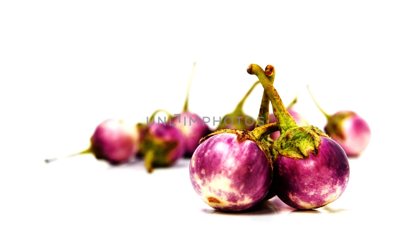 Group of small Egg-plants. Aubergine. Isolated over white.