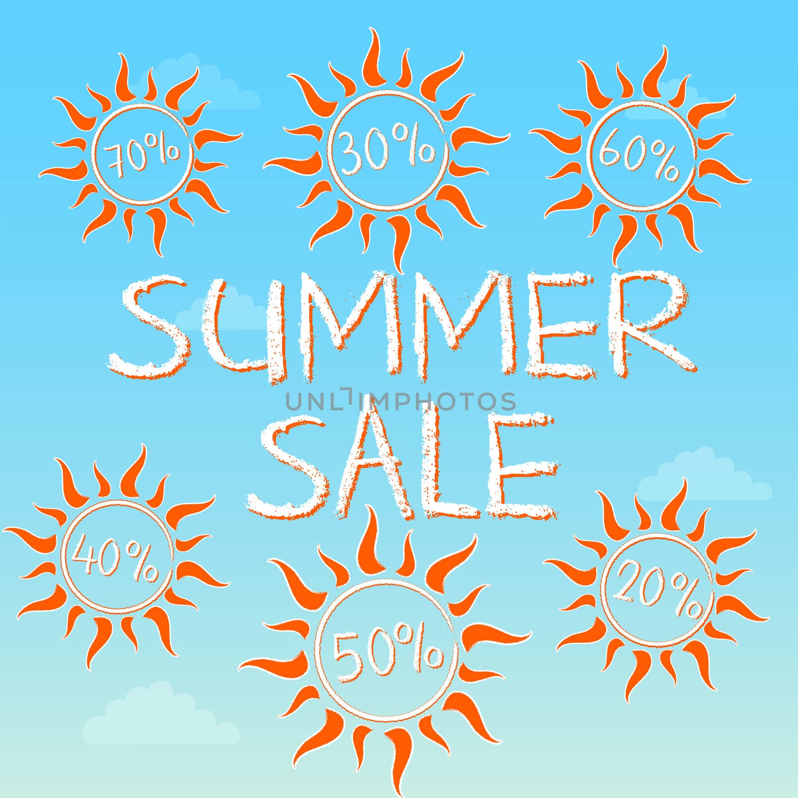 summer sale with different percentages in suns - text and signs on blue label with clouds, business concept