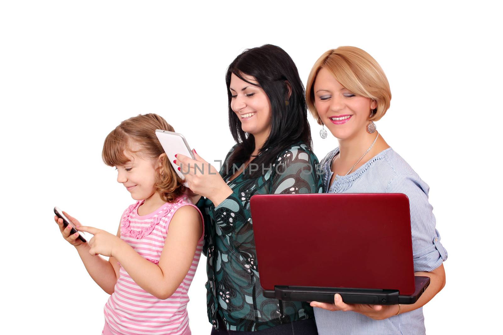 three generations girls with smart phone tablet and laptop