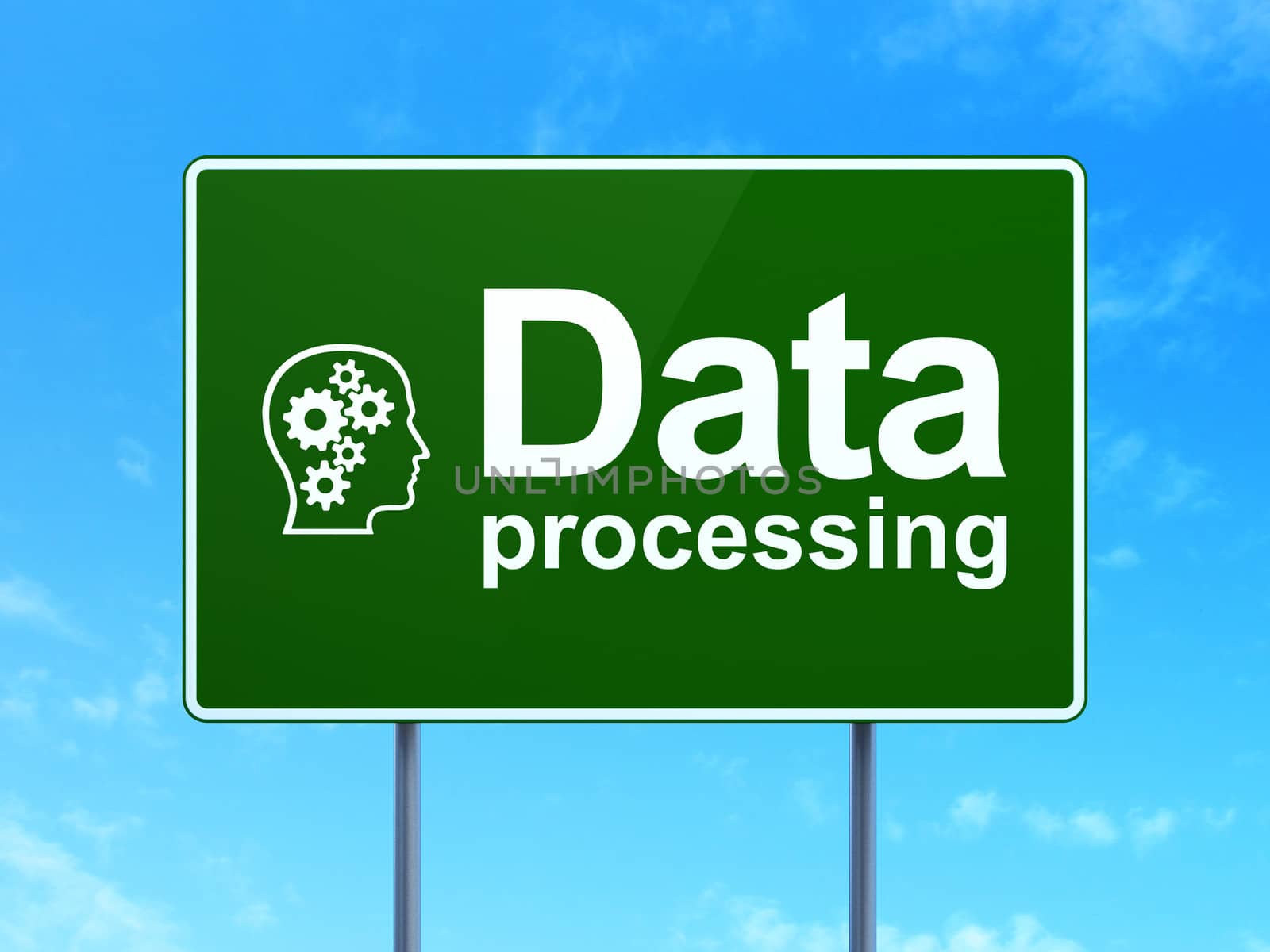 Data concept: Data Processing and Head With Gears icon on green road (highway) sign, clear blue sky background, 3d render