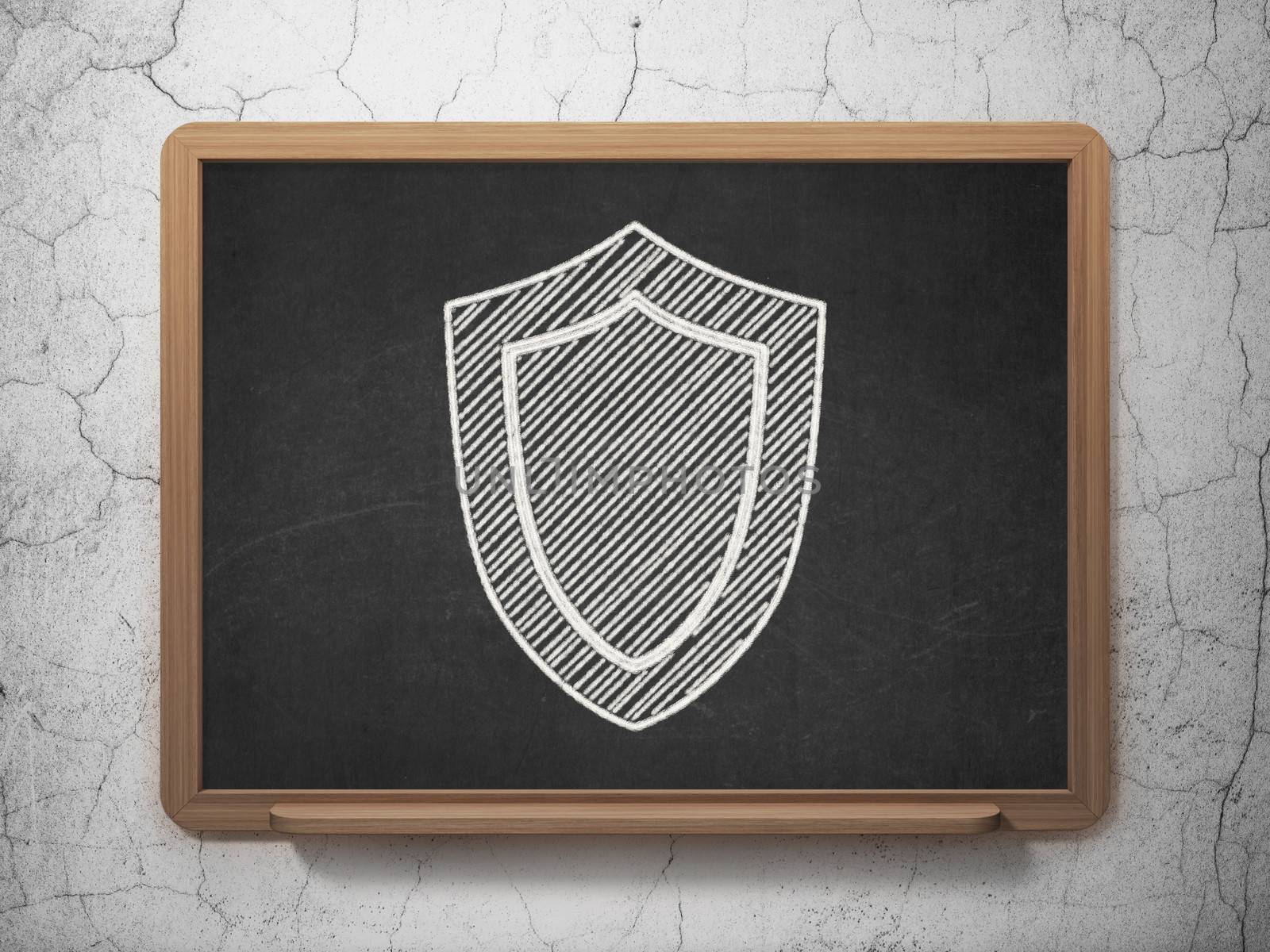 Security concept: Shield icon on Black chalkboard on grunge wall background, 3d render