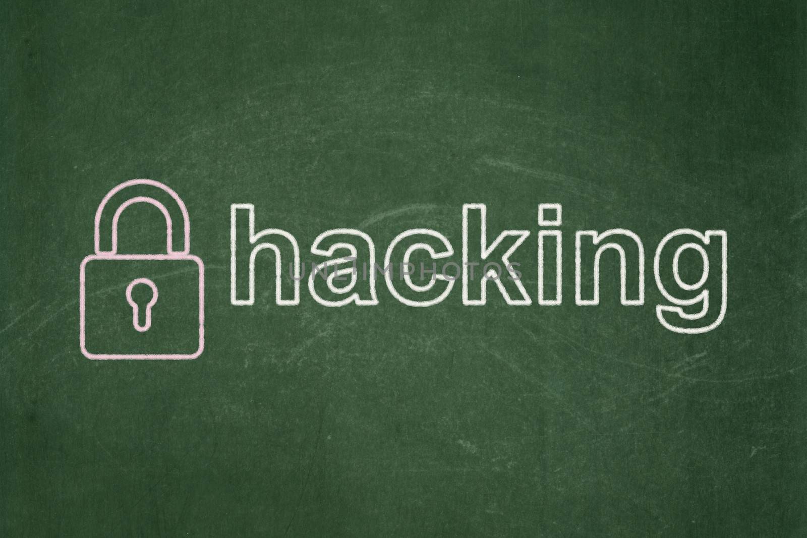 Safety concept: Closed Padlock icon and text Hacking on Green chalkboard background, 3d render