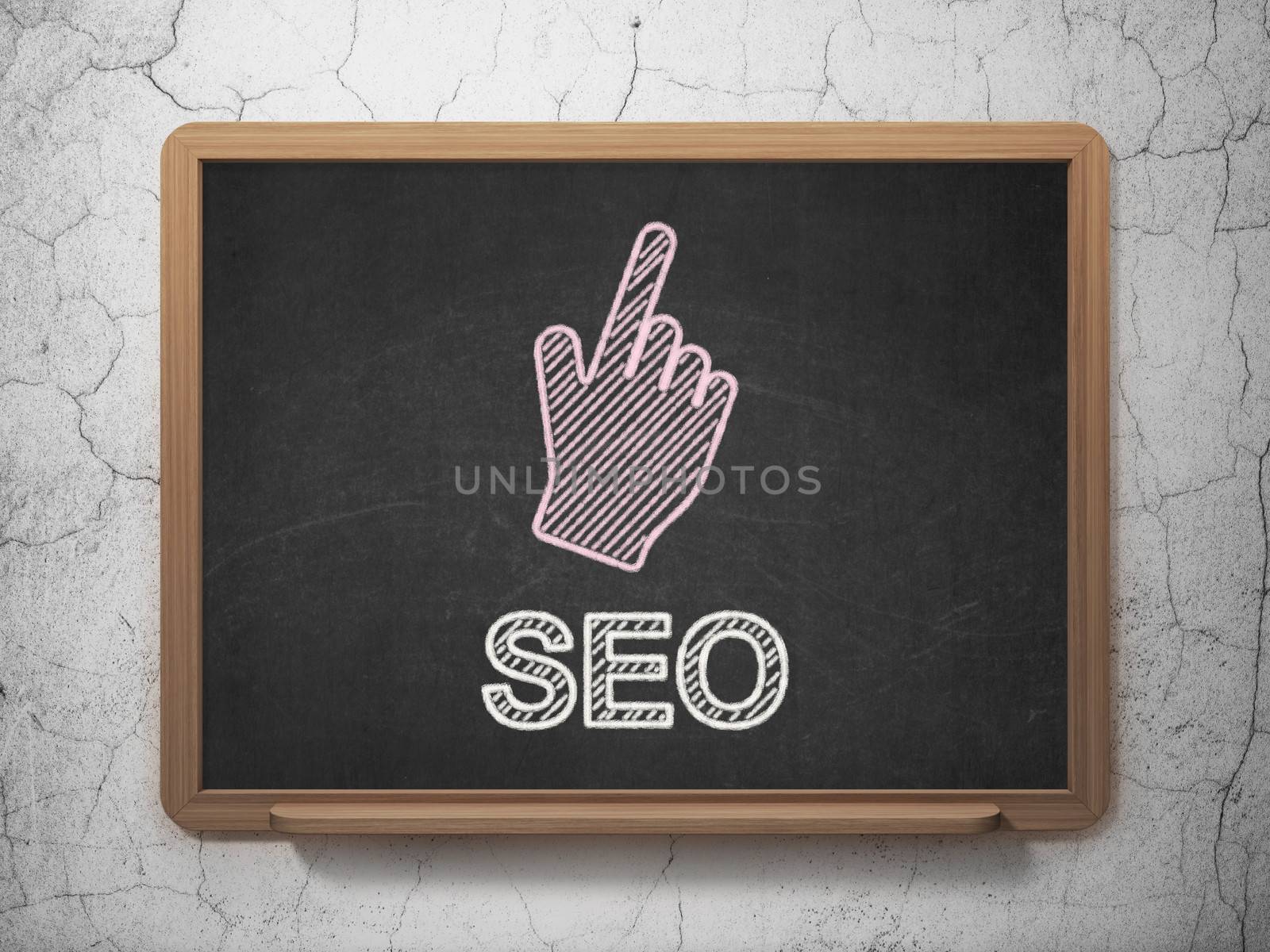 Web development concept: Mouse Cursor icon and text SEO on Black chalkboard on grunge wall background, 3d render