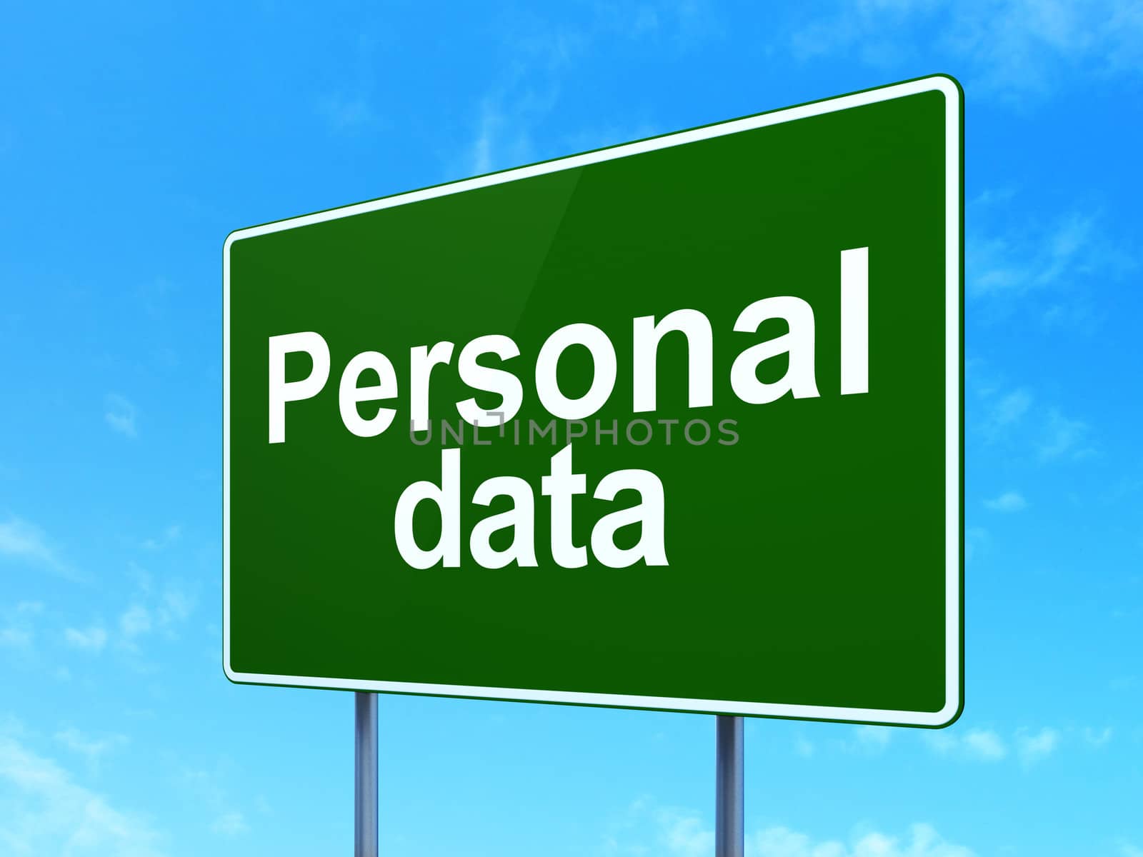 Information concept: Personal Data on green road (highway) sign, clear blue sky background, 3d render