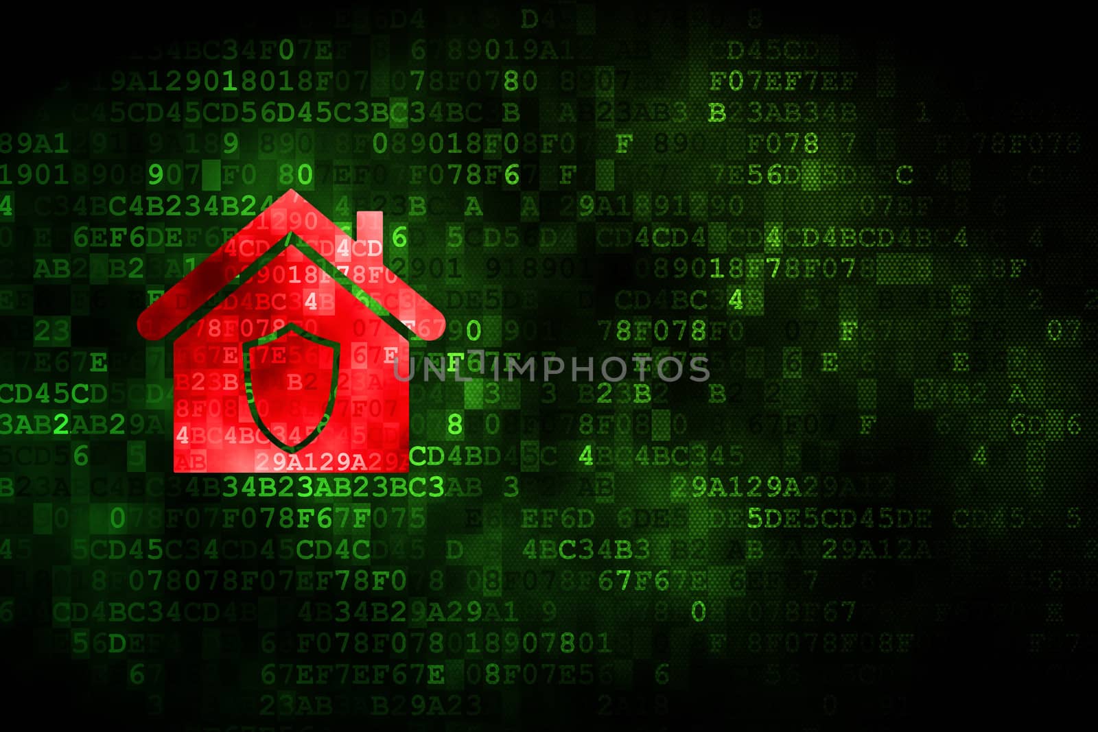 Finance concept: pixelated Home icon on digital background, empty copyspace for card, text, advertising, 3d render