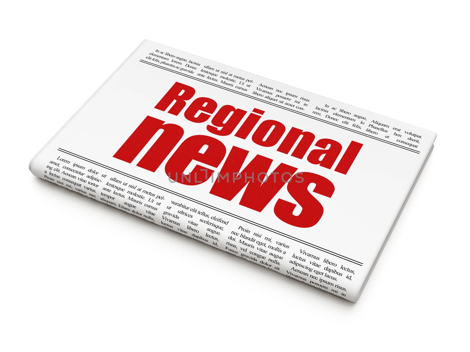 News news concept: newspaper headline Regional News on White background, 3d render