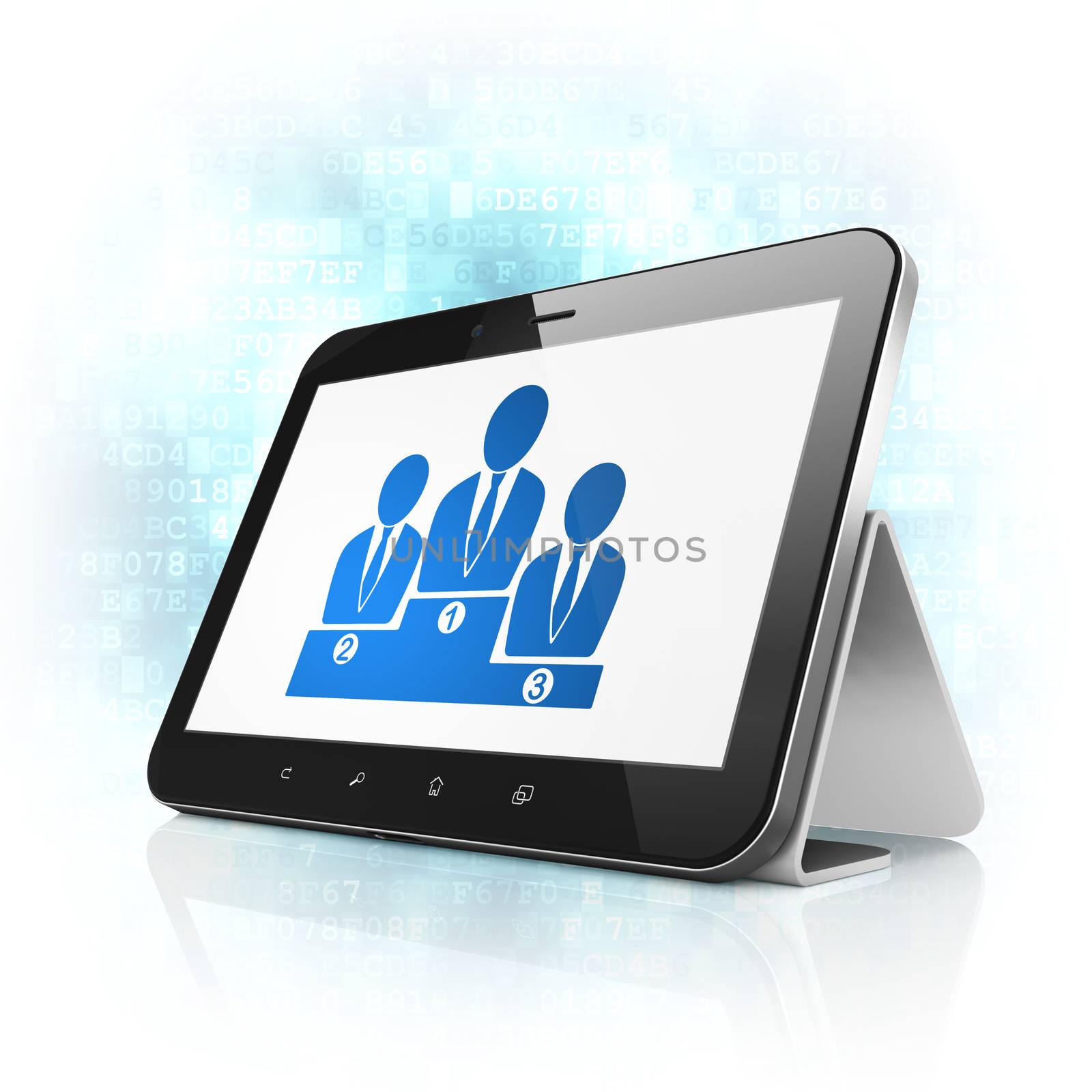 Law concept: black tablet pc computer with Business Team icon on display. Modern portable touch pad on Blue Digital background, 3d render