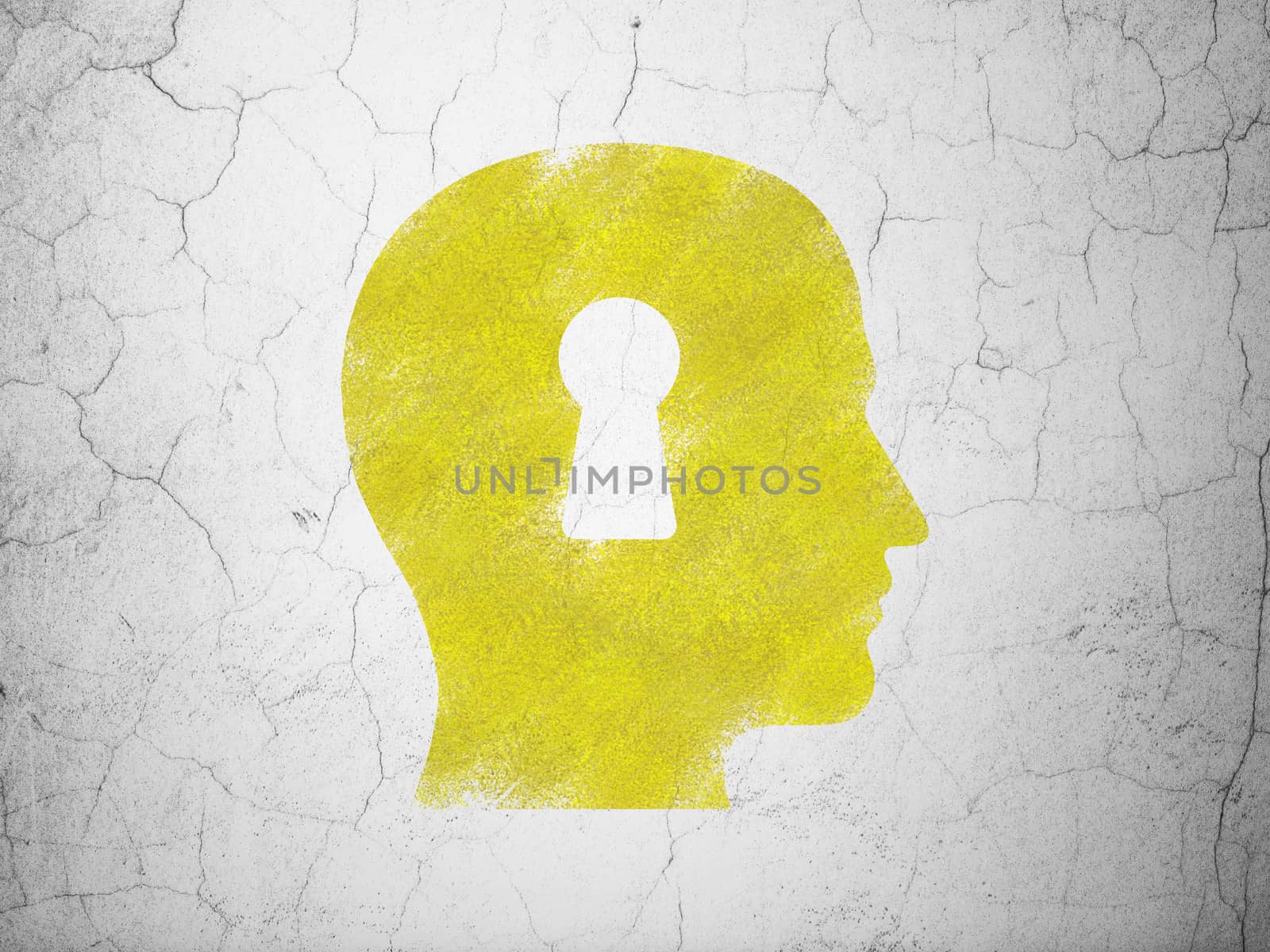 Data concept: Yellow Head With Keyhole on textured concrete wall background, 3d render