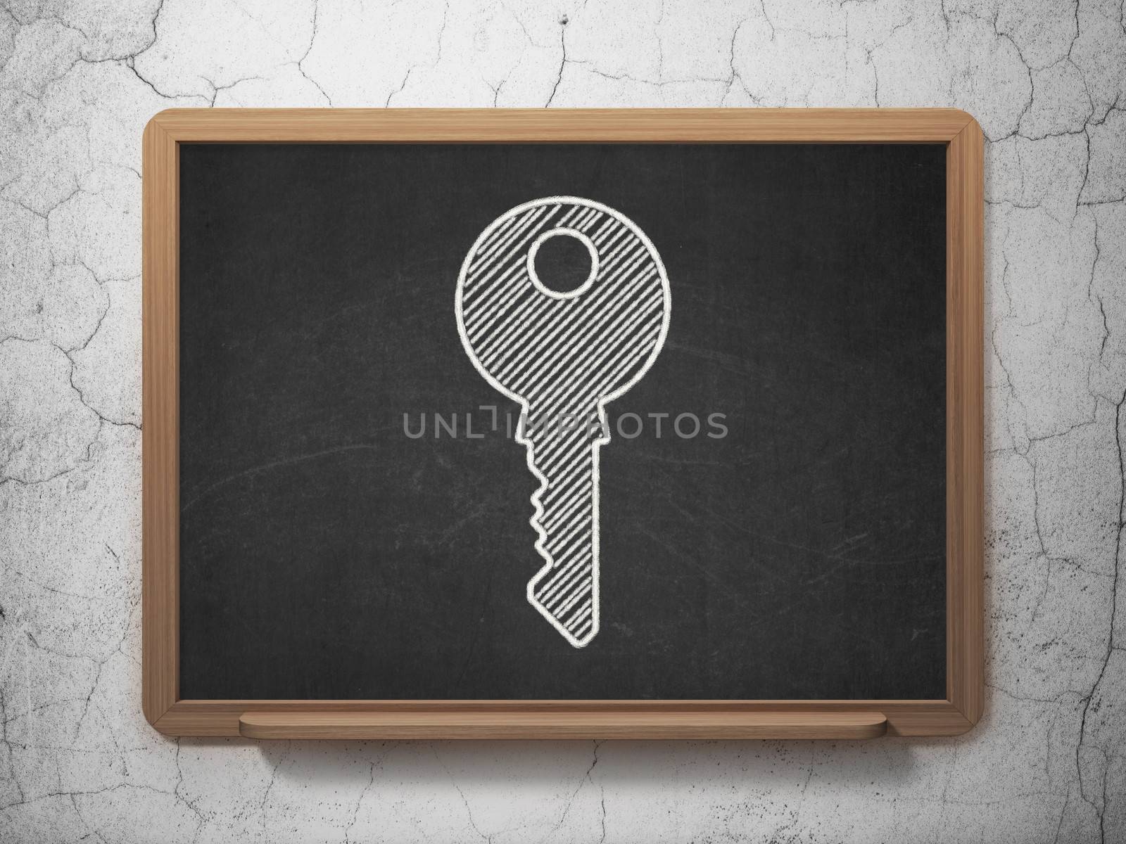 Safety concept: Key icon on Black chalkboard on grunge wall background, 3d render