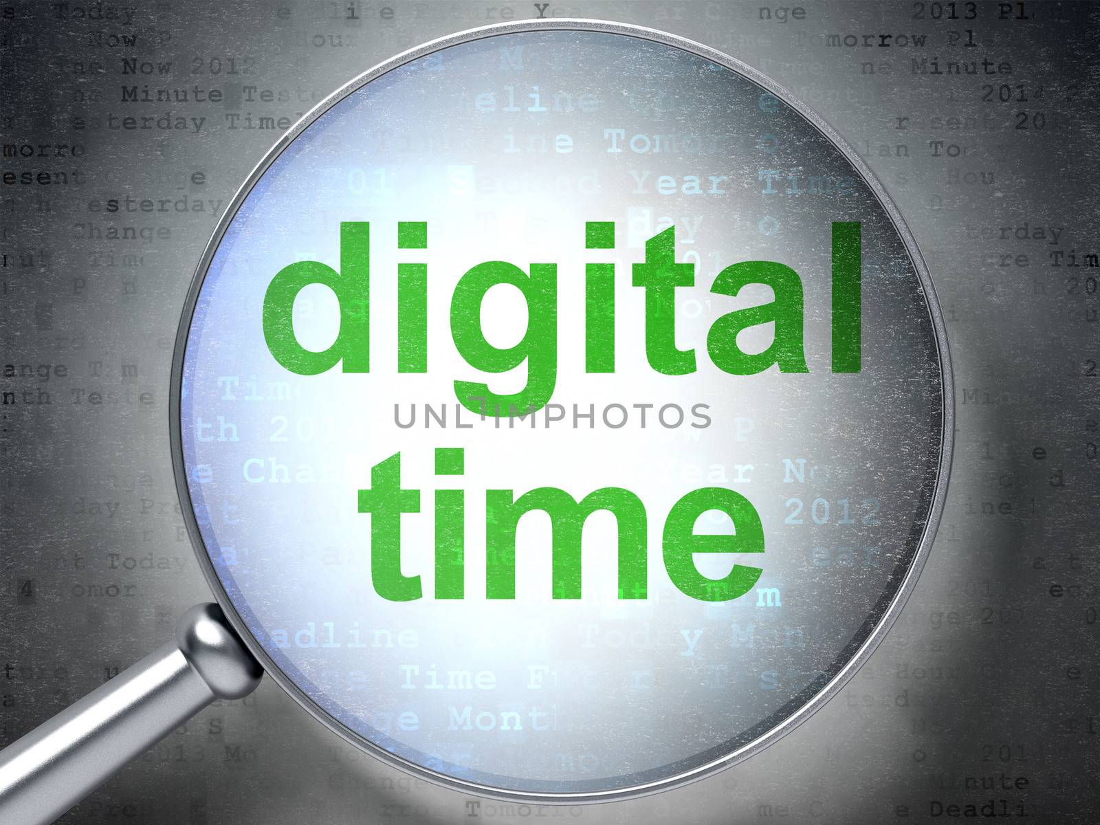 Timeline concept: magnifying optical glass with words Digital Time on digital background, 3d render