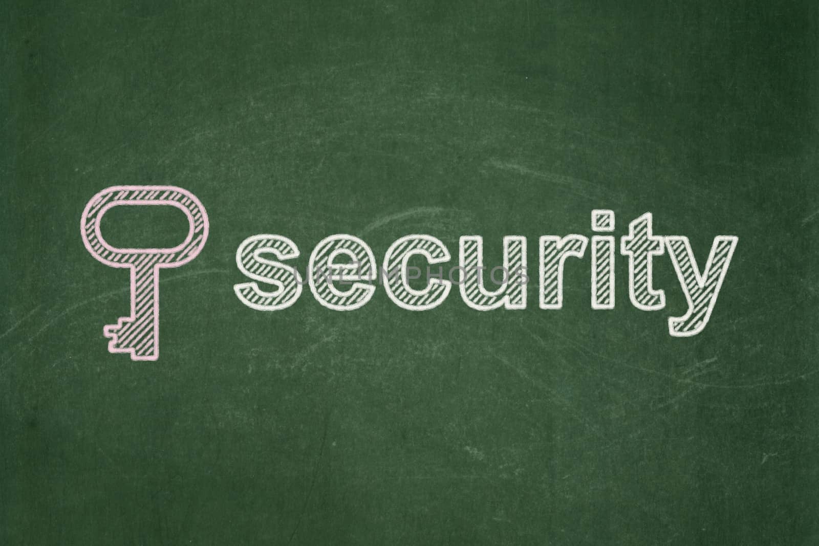 Protection concept: Key icon and text Security on Green chalkboard background, 3d render