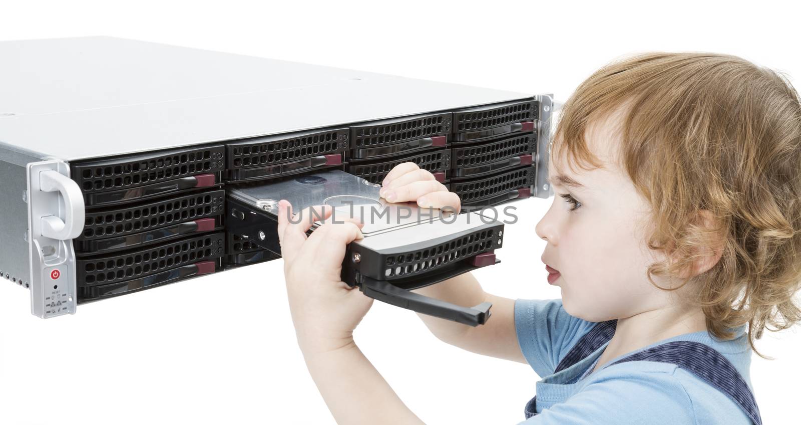 child opening hot swap tray on modern network server. isolated on white background