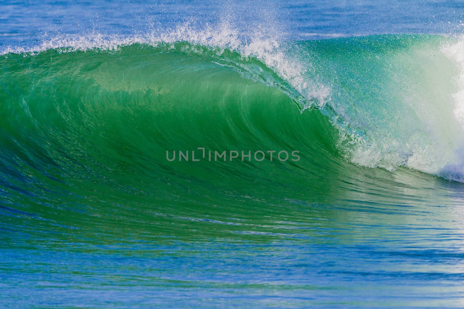 Clean ocean wave breaking crashing onto shallows