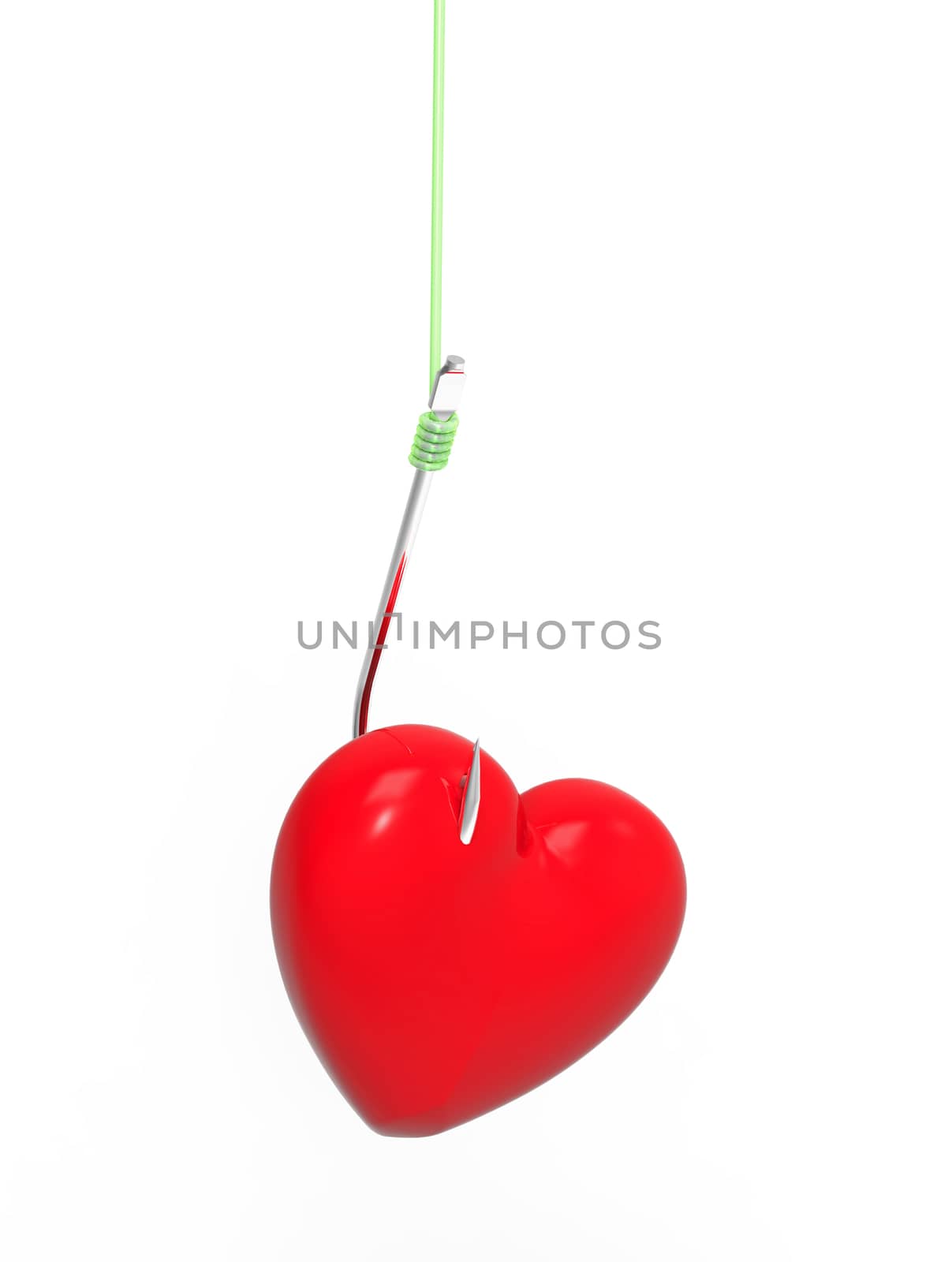 Heart on the hook, 3D render, on the white background