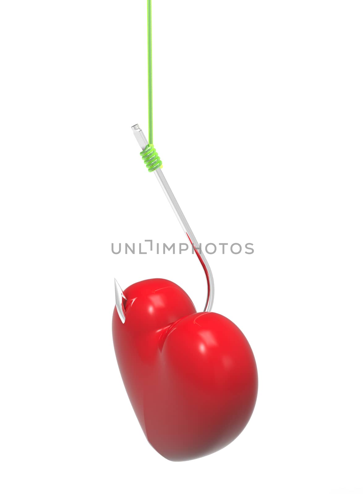 Heart on the hook, 3D render, on the white background