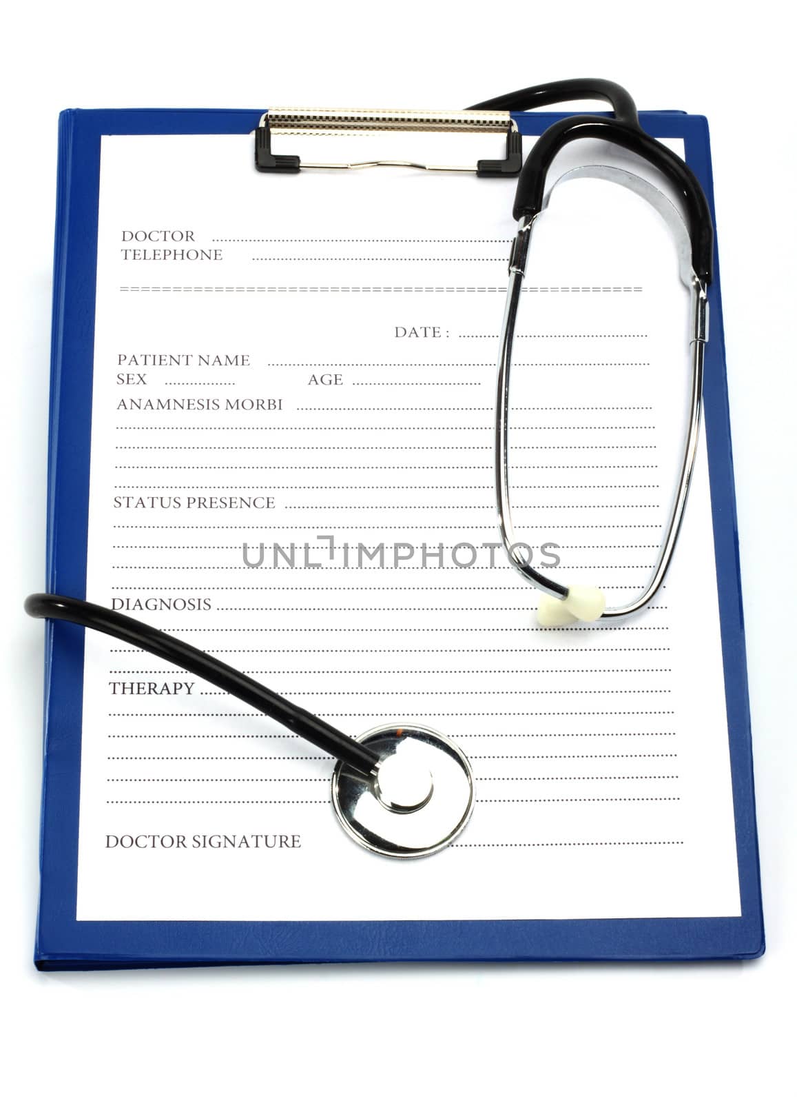 Medical Clipboard with a Stethoscope on white