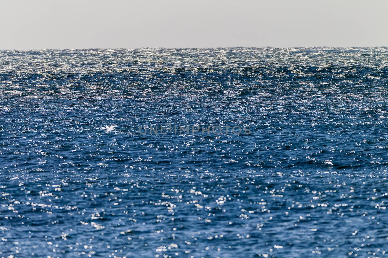 High winds over blue ocean giving texture and chop on water surface.