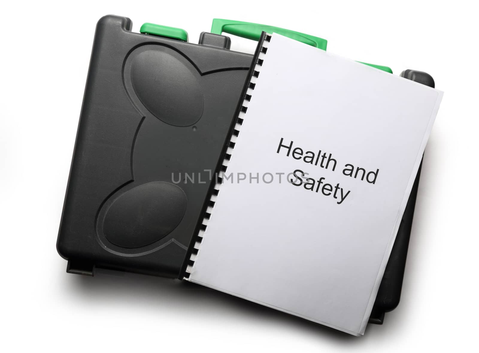 Black toolbox and notebook on white background
