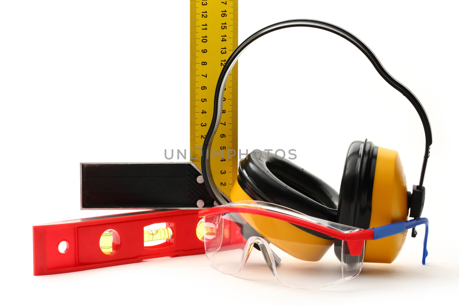 Angle ruler, balance level, goggles and earphones