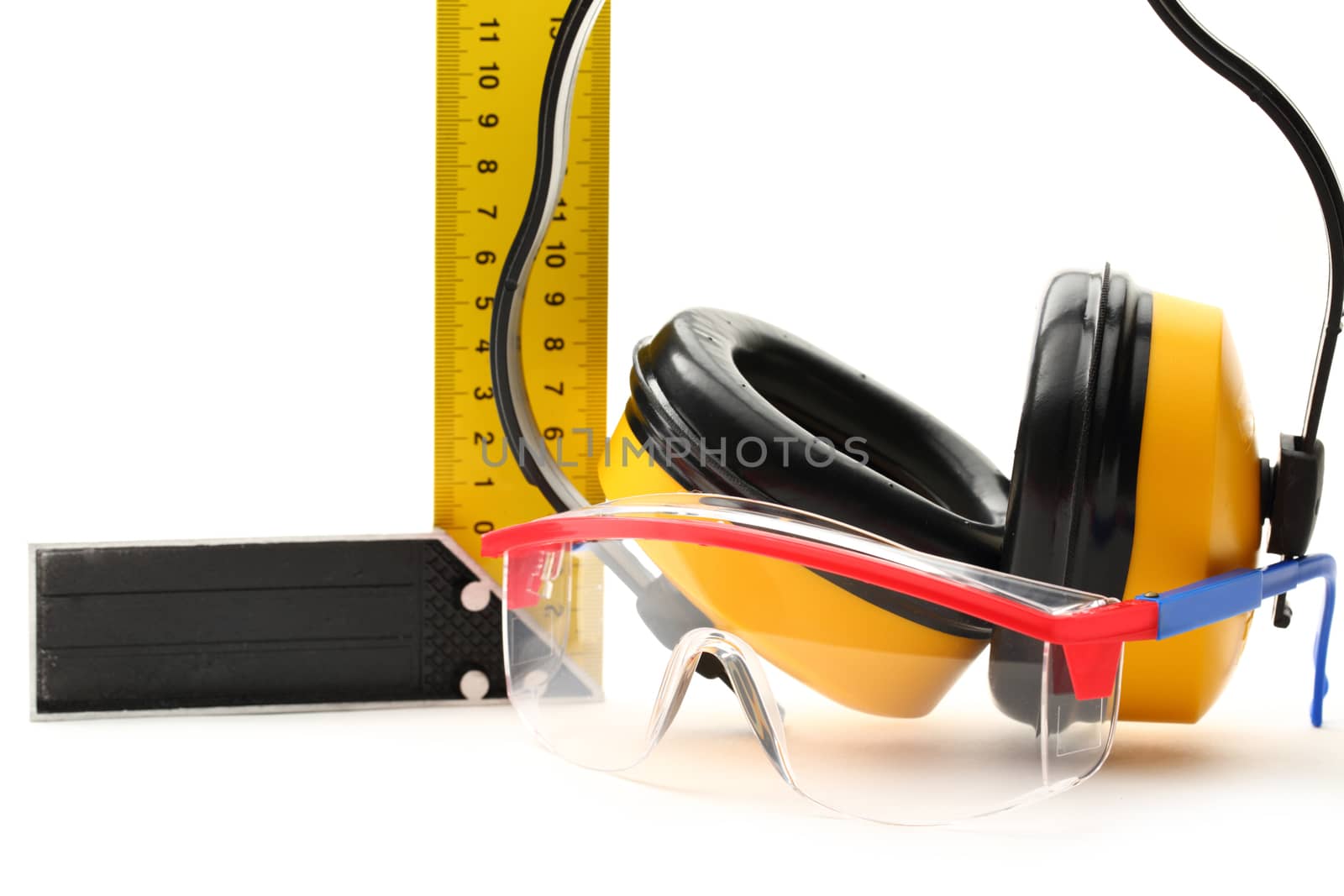 Angle ruler, goggles and earphones