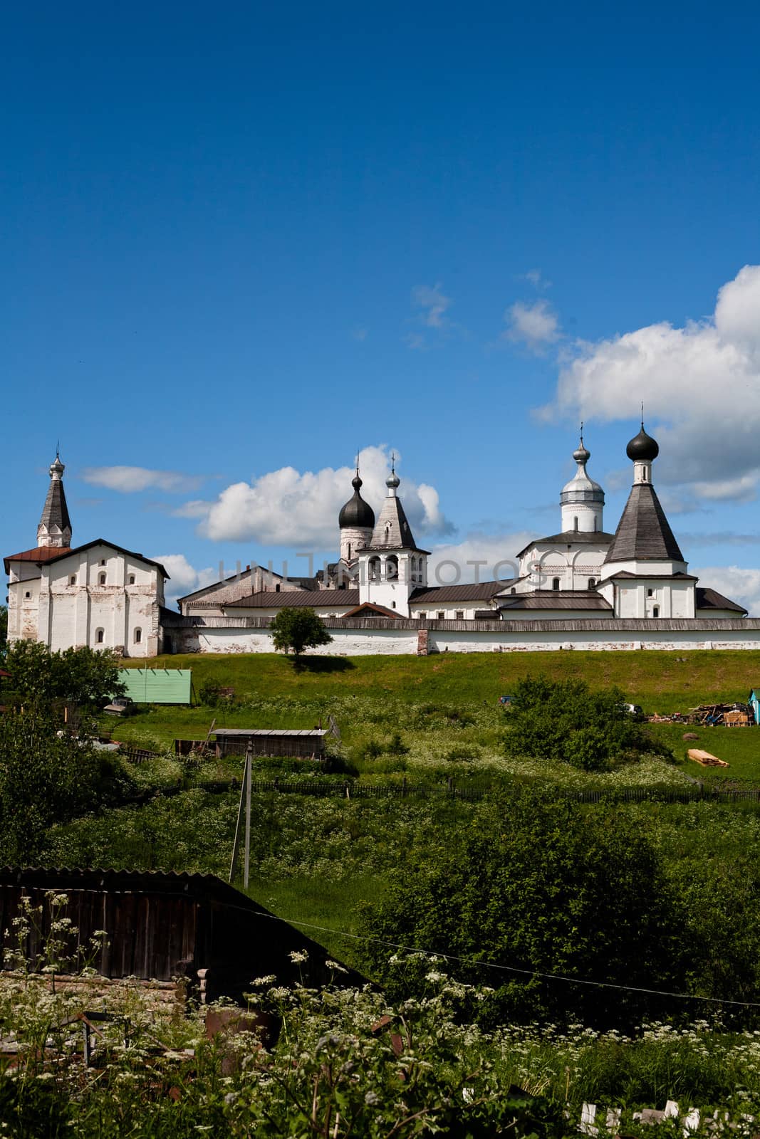 White orthodox Ferapontov monastery in summer day
