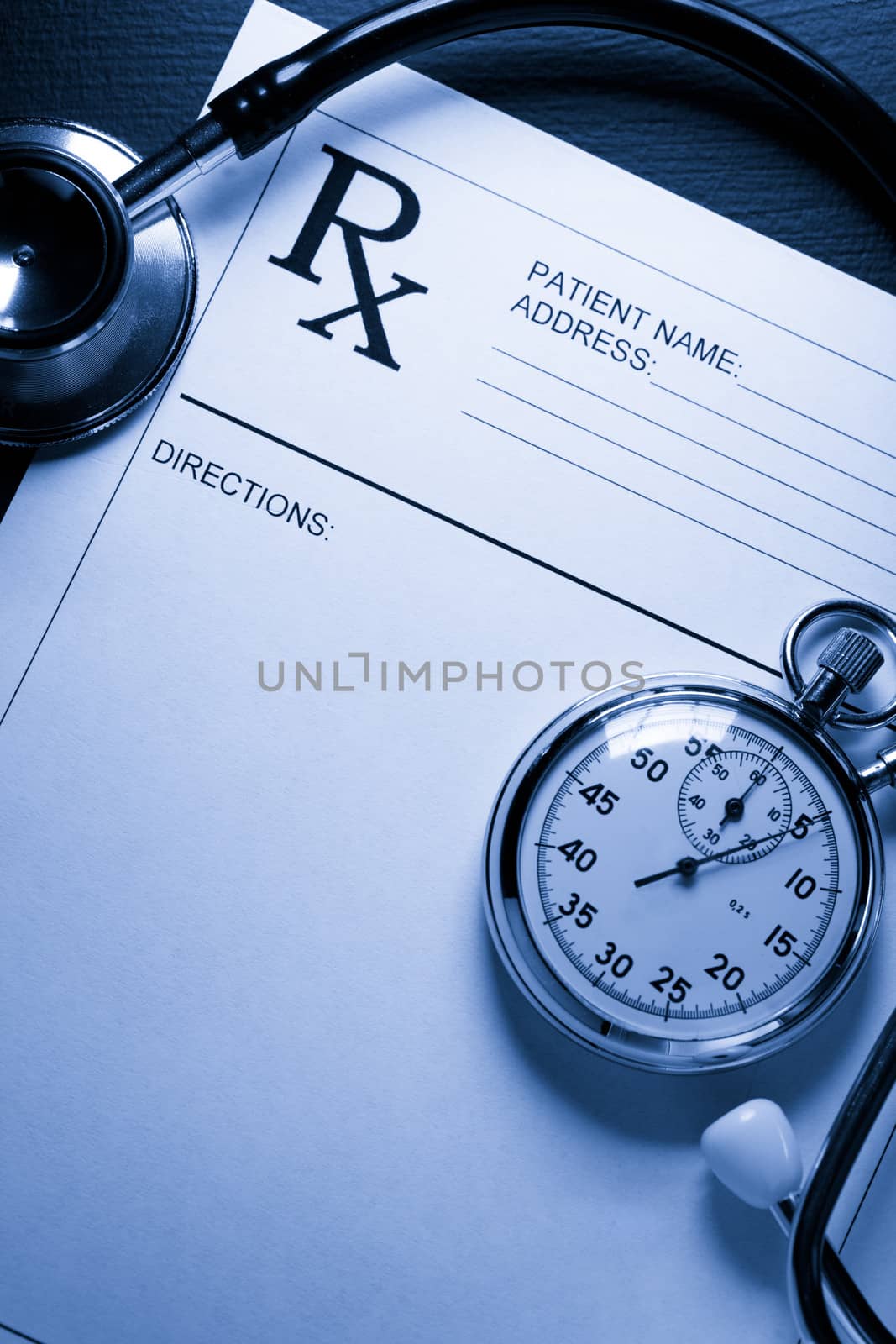 Stethoscope, stopwatch and patient list on black