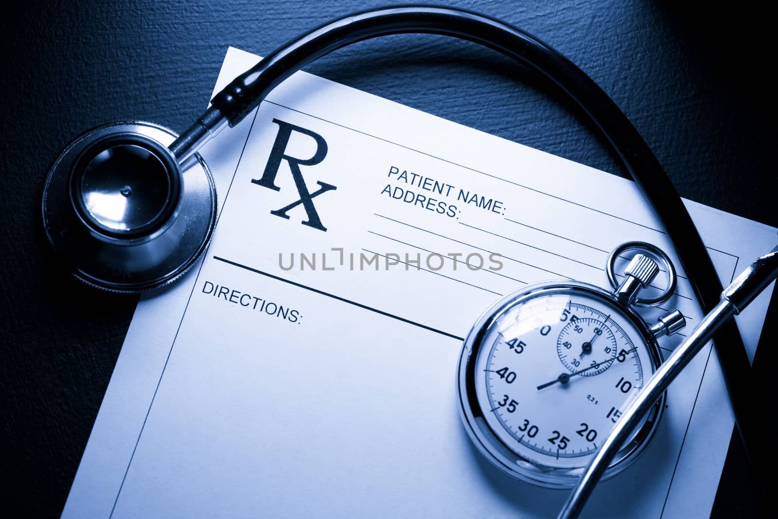 Stethoscope, stopwatch and patient list on black