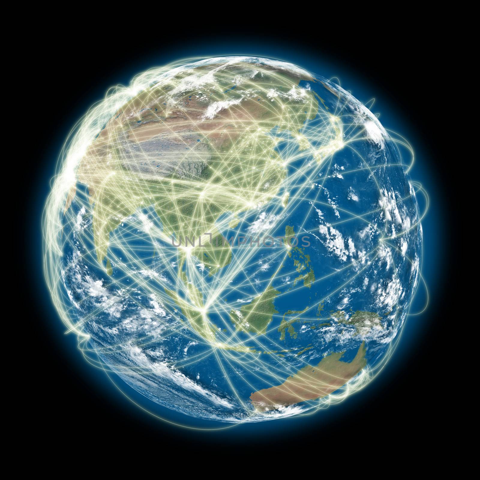 Asia on planet Earth with connections between cities and continents representing global airline networks. Elements of this image furnished by NASA