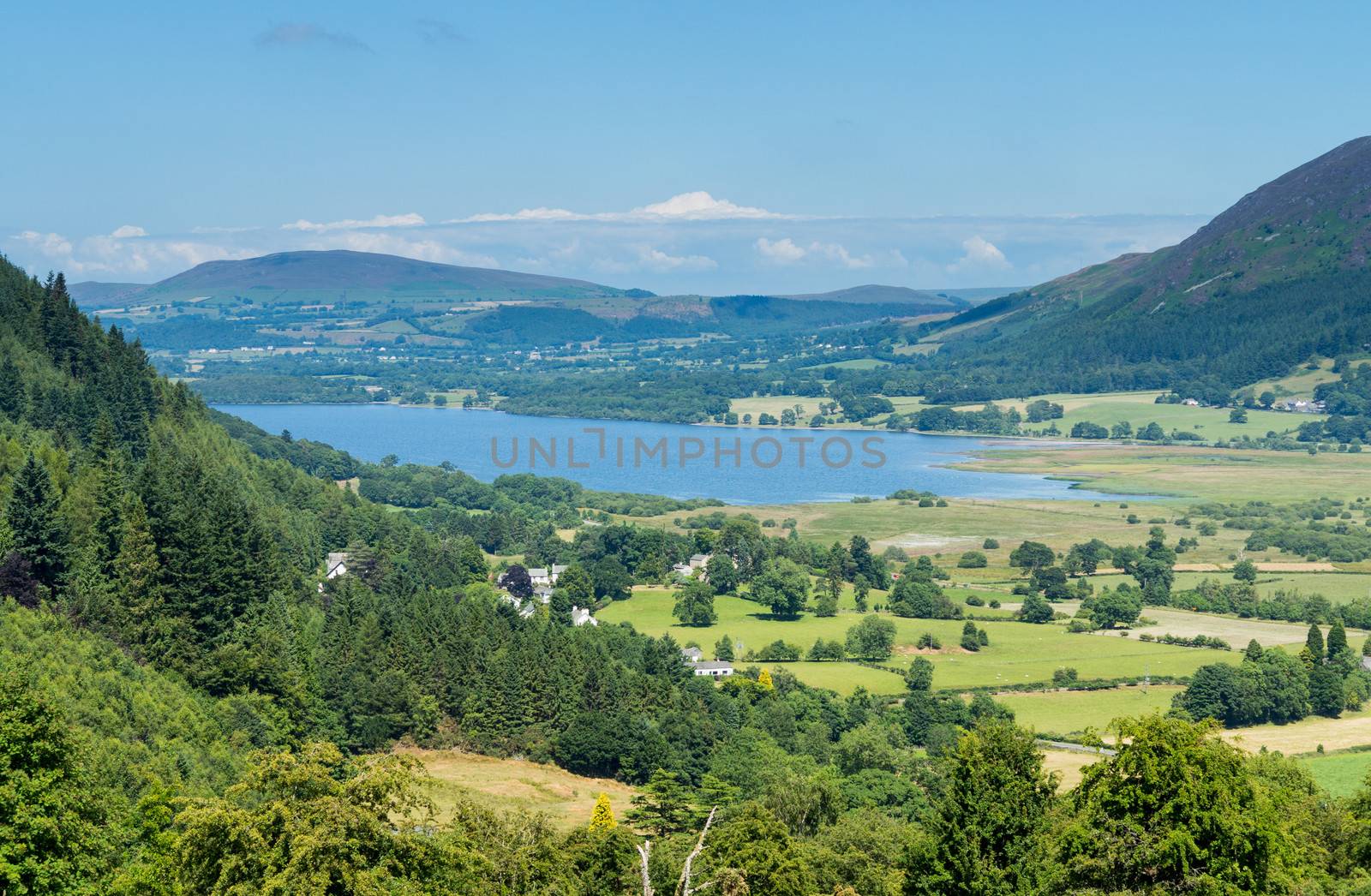Lake District hills surrounding Bassenthwaite Lake framed by the trees on the lakeside. Idyllic image from the English Lakes