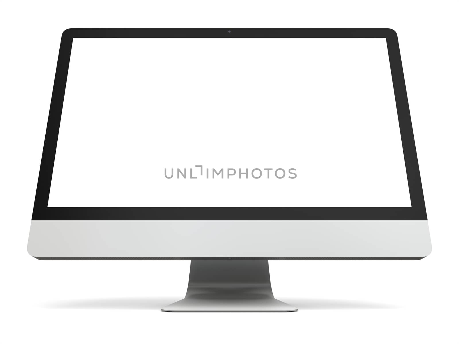Modern desktop computer with white blank screen isolated on white background