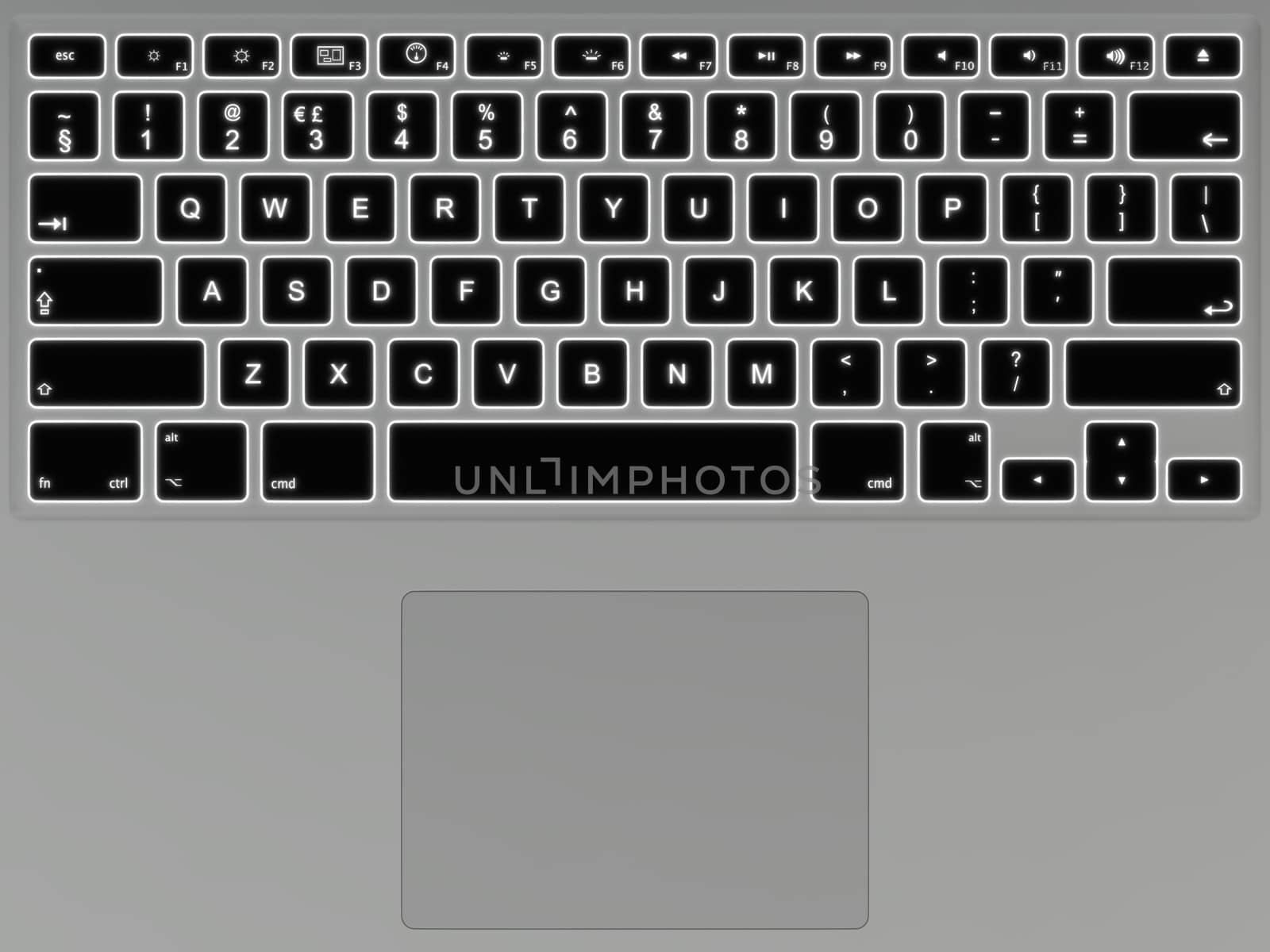 Top view of illuminated keyboard on modern laptop computer