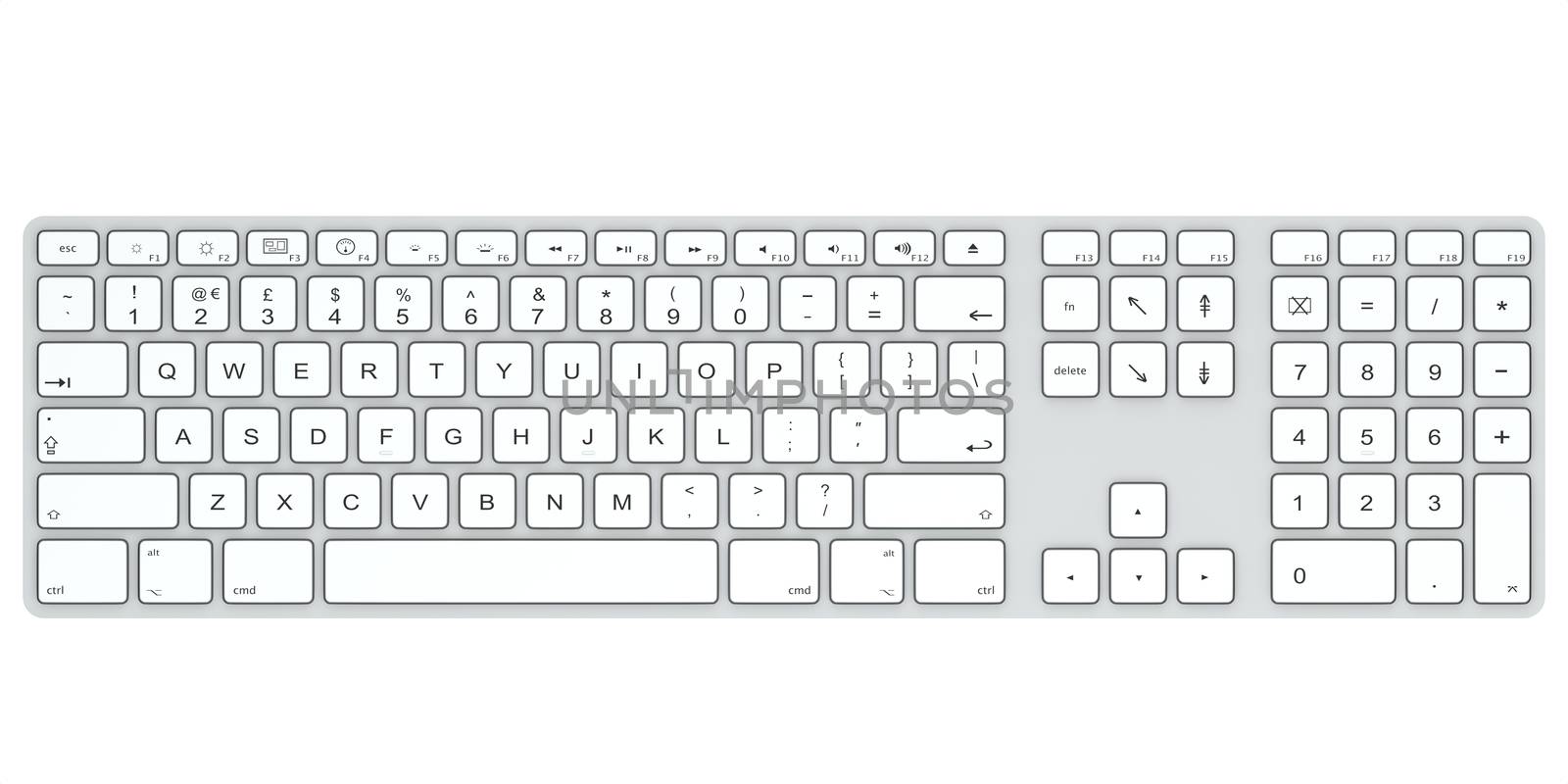 Computer keyboard isolated on white background. Top view