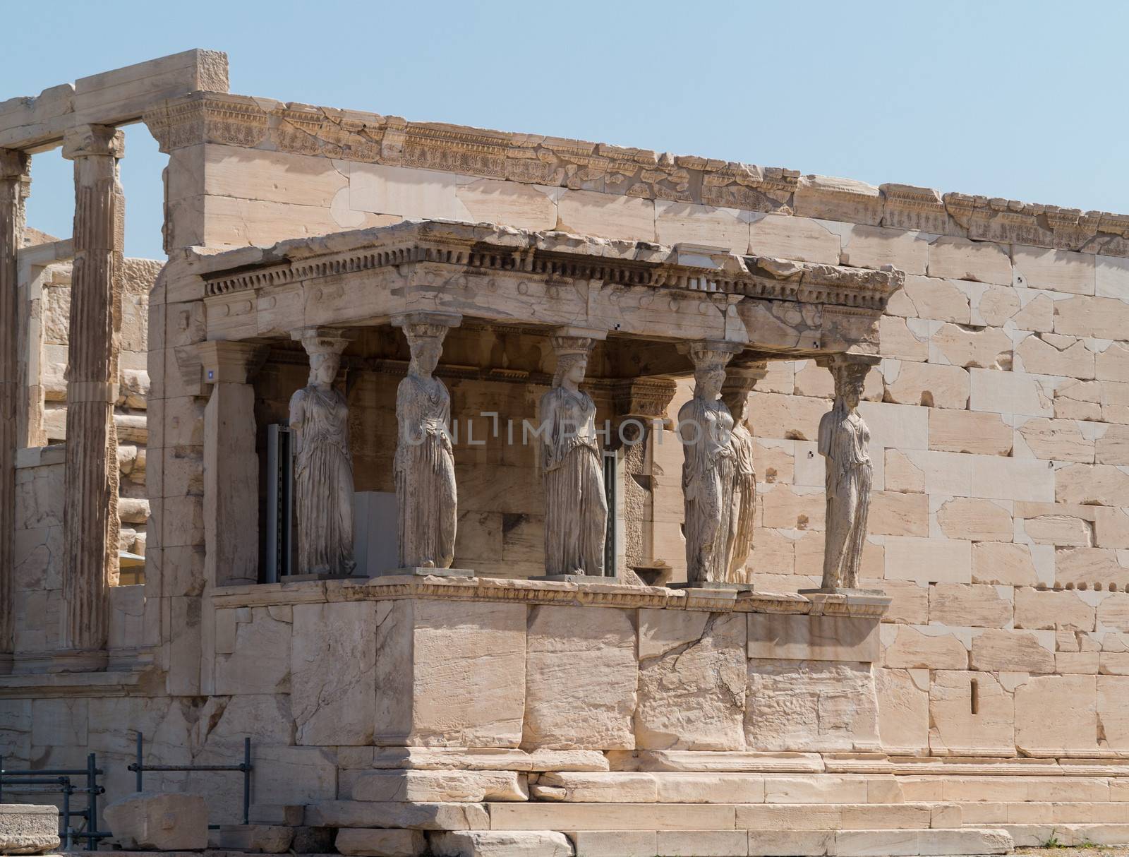 Picture of the the Caryatids by the south porch of the Erechtheion in the Acropolis in Athens, Greece