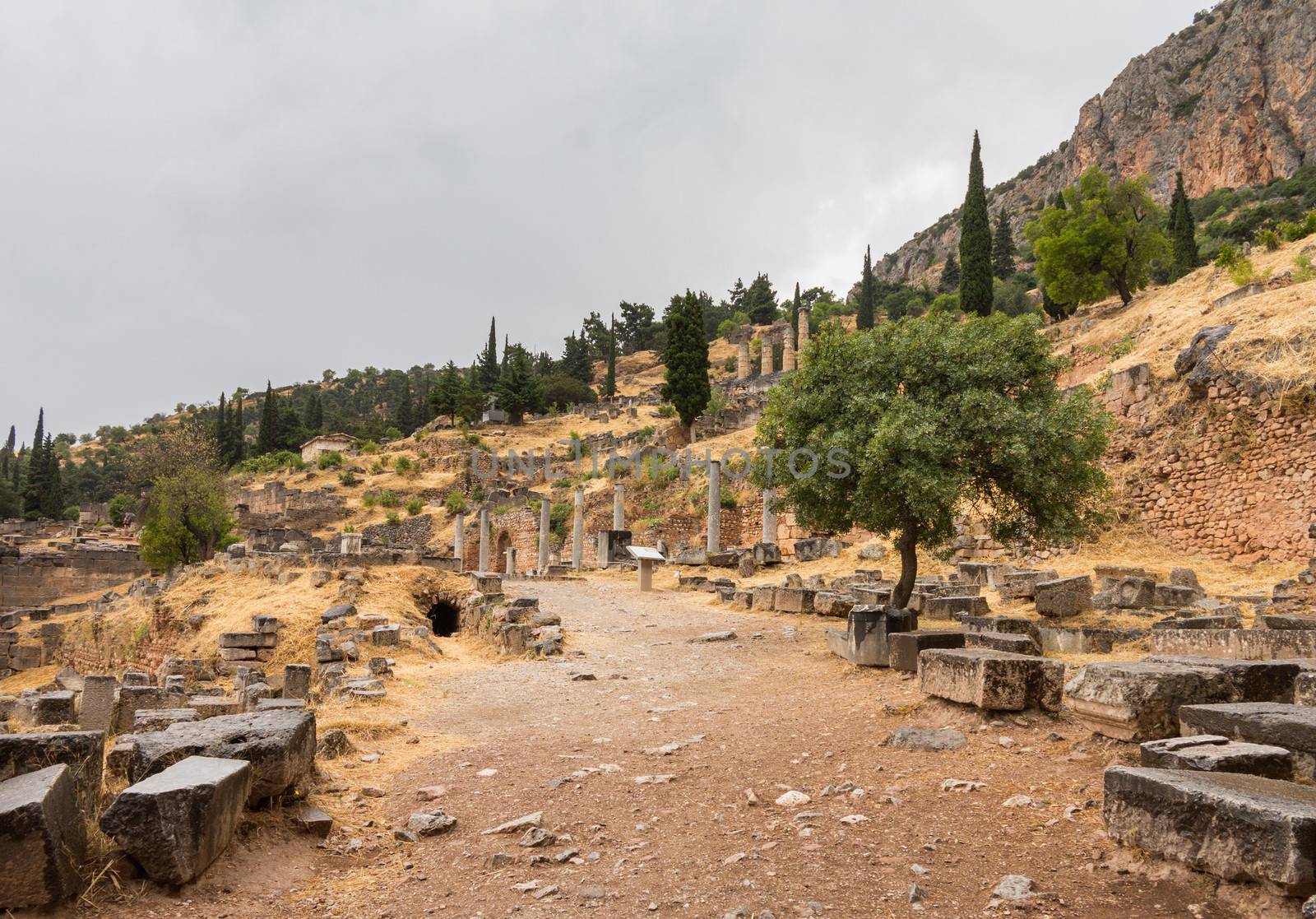 Delphi is both an archaeological site and a modern town in Greece on the south-western spur of Mount Parnassus in the valley of Phocis. The site of Delphi was believed to be determined by Zeus