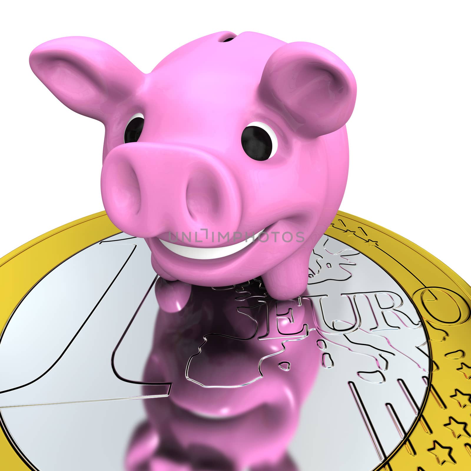Happy pink piggy bank on Euro coin, concept of savings and investments, isolated on white background