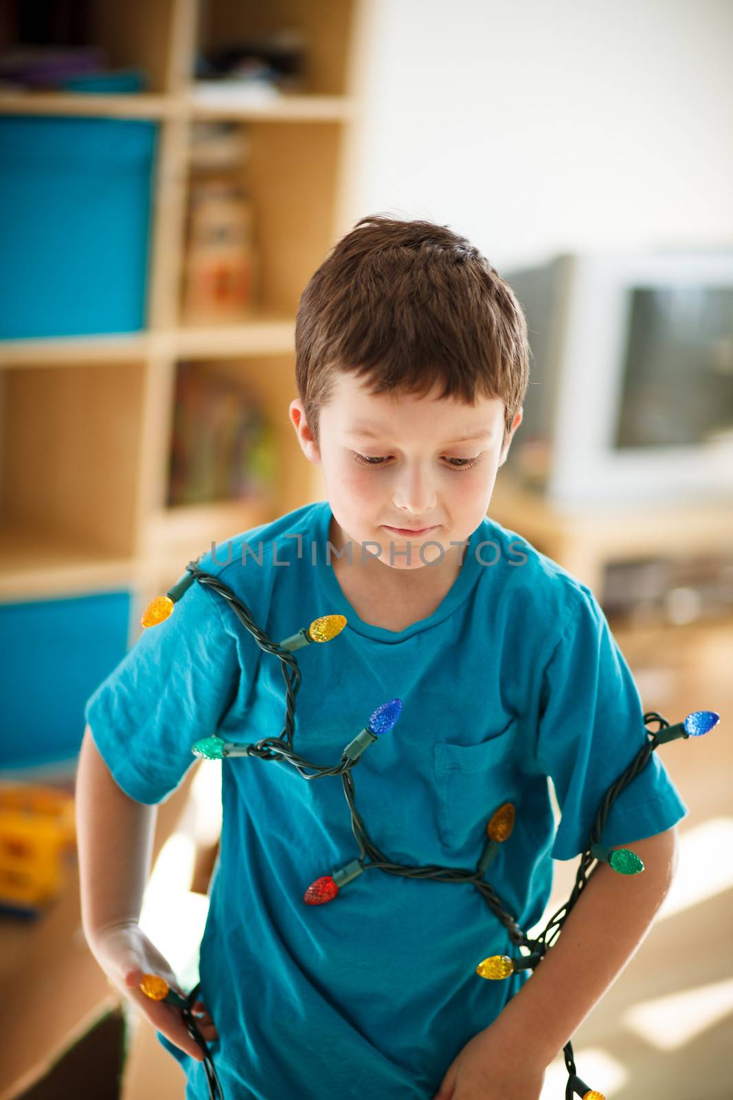 Boy holding lights to decorate the Christmas tree