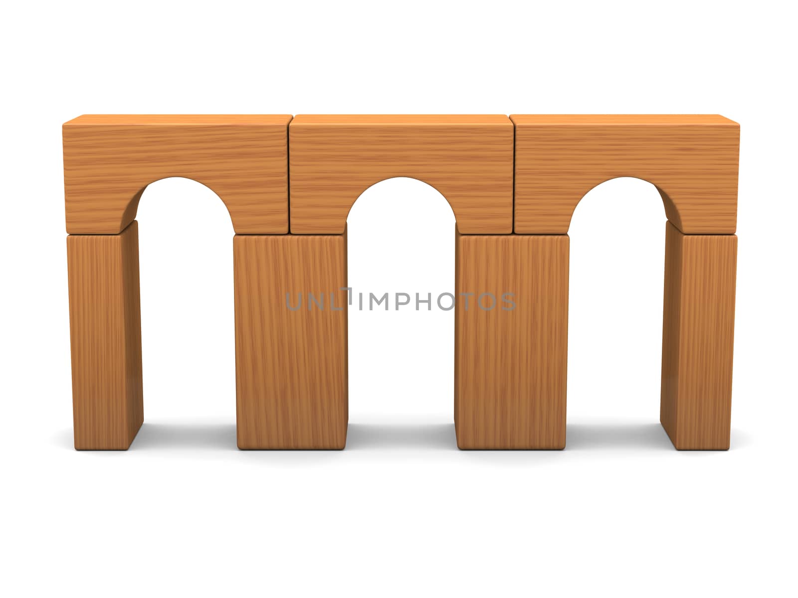 Toy bridge made of wooden blocks isolated on white background