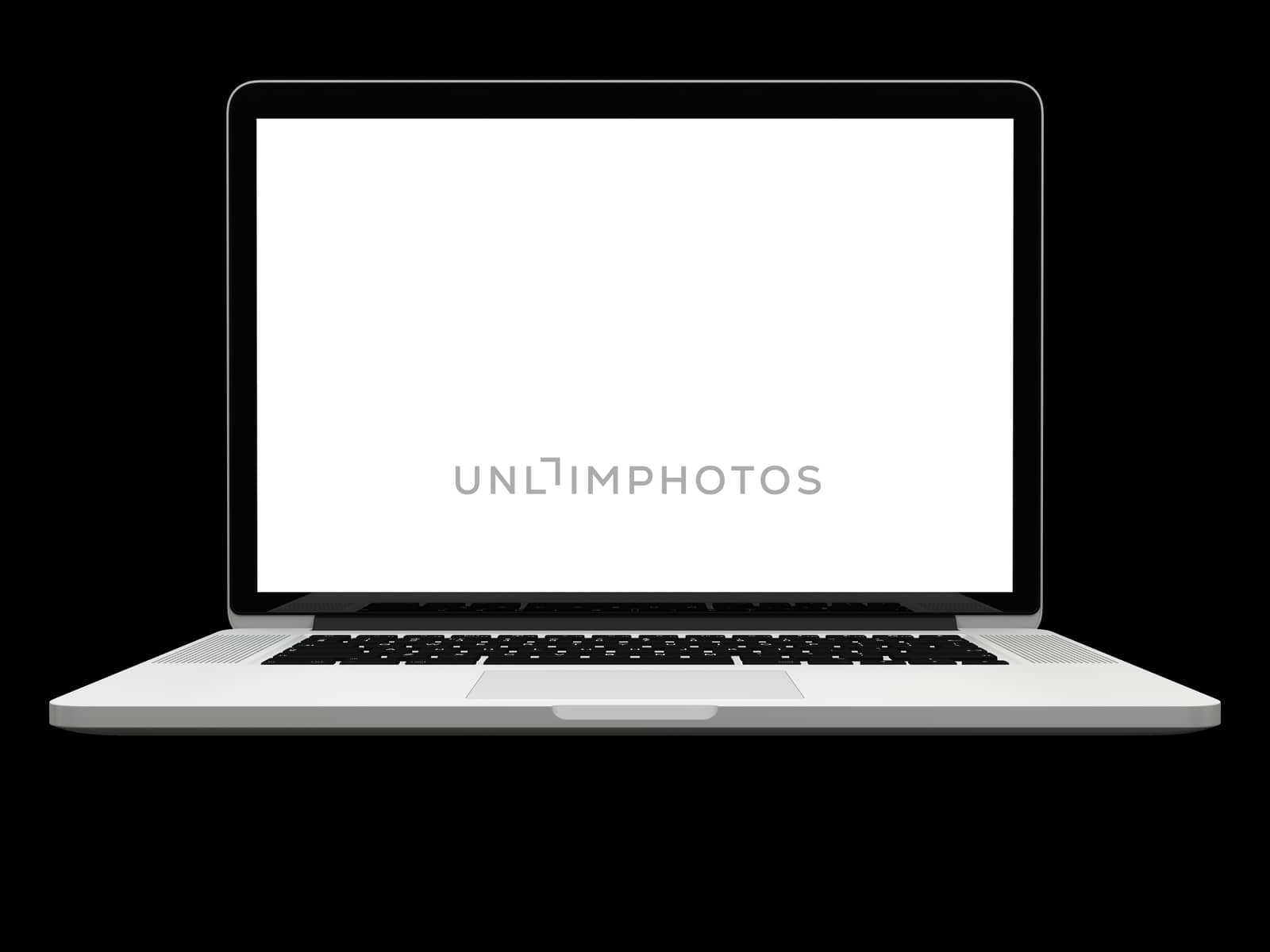 Laptop computer blank white screen isolated on black background