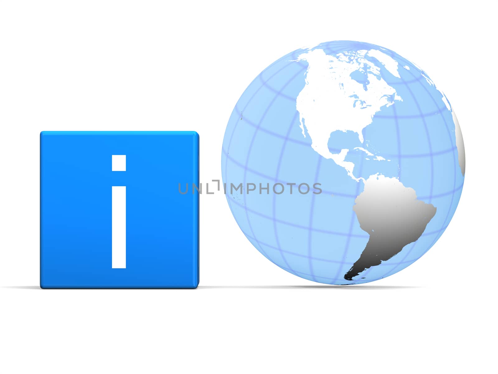 Information sign on cube with globe, isolated on white background 