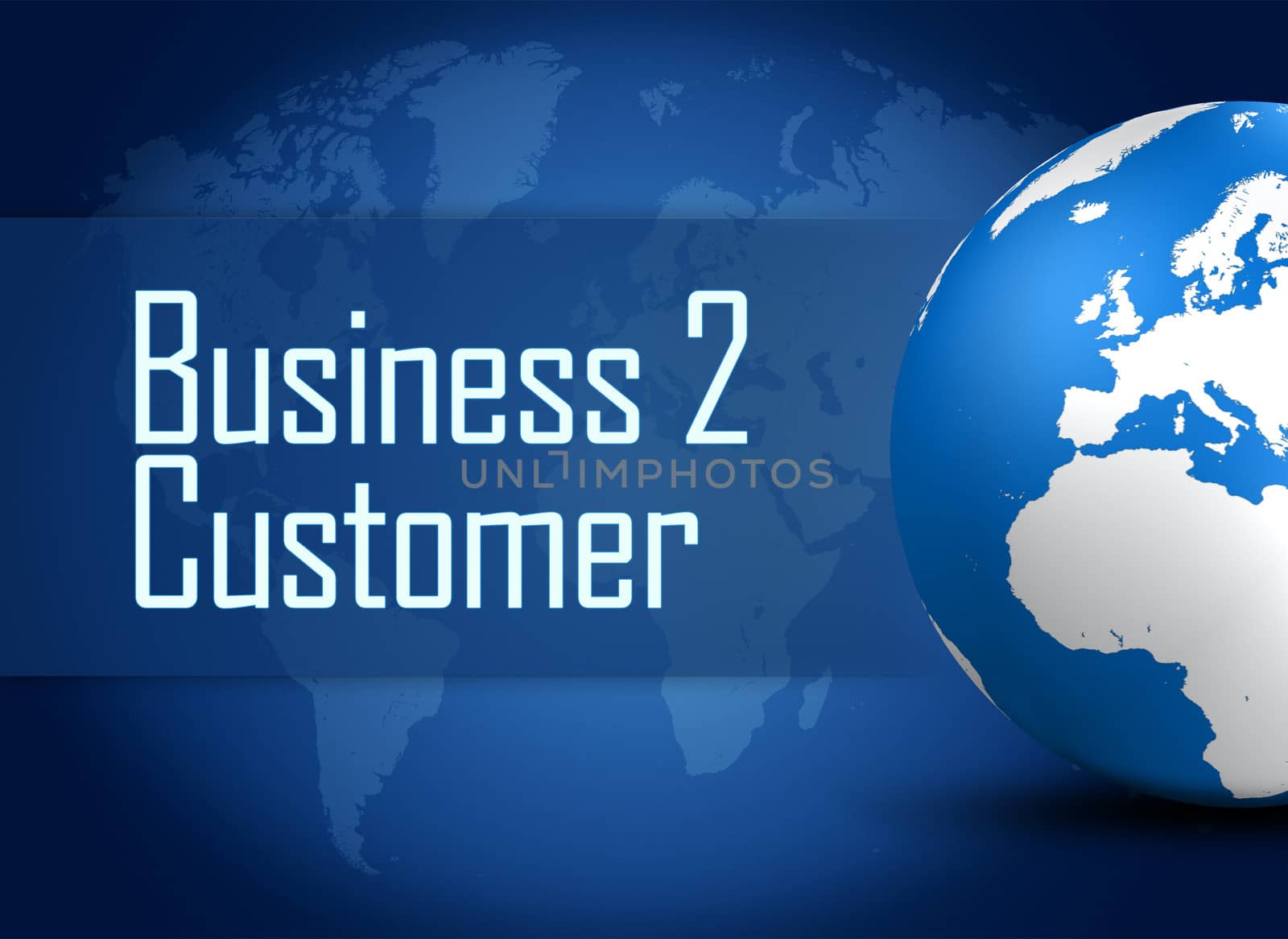 Business to Customer concept with globe on blue background