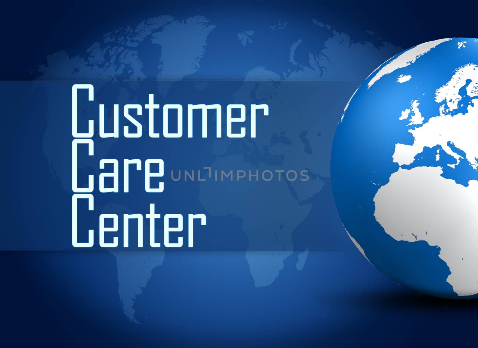 Customer Care Center concept with globe on blue background