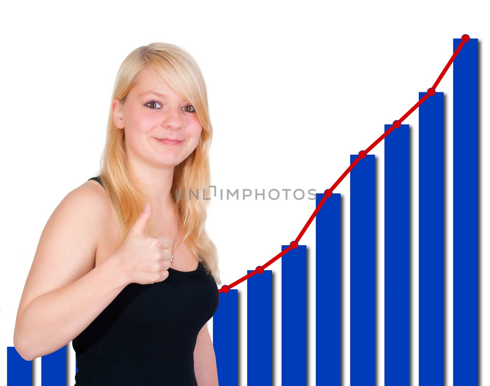 successful business woman thumbs up with diagram in background