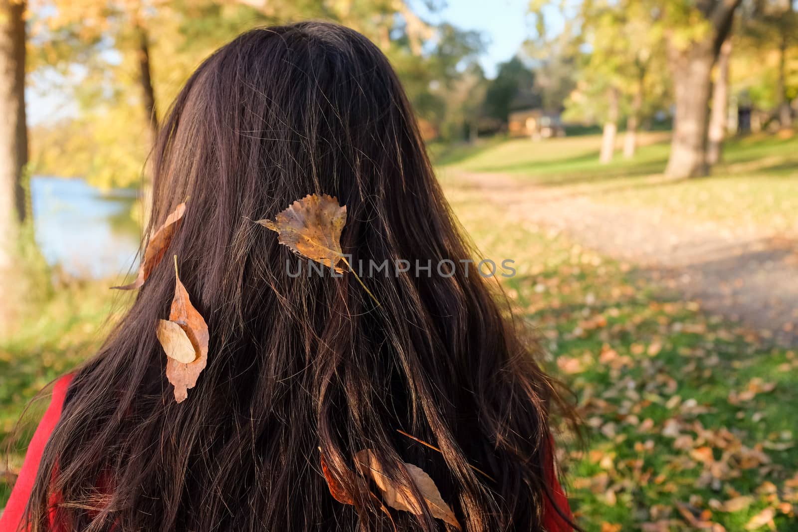 Young woman's hair with leafs waiting by road