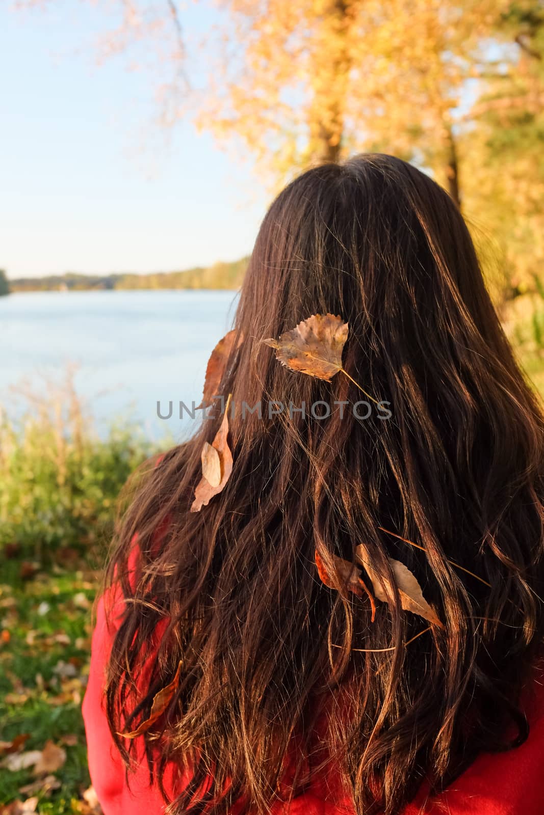 Young woman's hair with leafs waiting by road