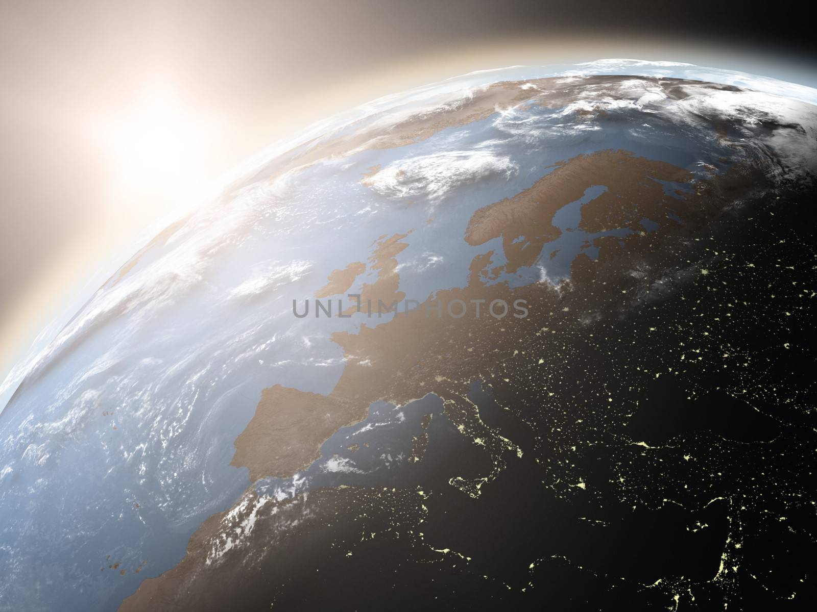 Space view of the sun rising over Europe on planet Earth. Elements of this image furnished by NASA.